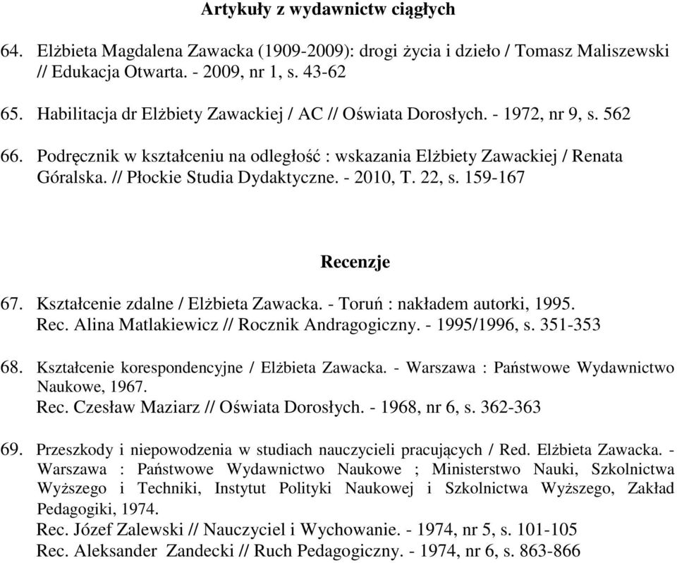 // Płockie Studia Dydaktyczne. - 2010, T. 22, s. 159-167 Recenzje 67. Kształcenie zdalne / Elżbieta Zawacka. - Toruń : nakładem autorki, 1995. Rec. Alina Matlakiewicz // Rocznik Andragogiczny.