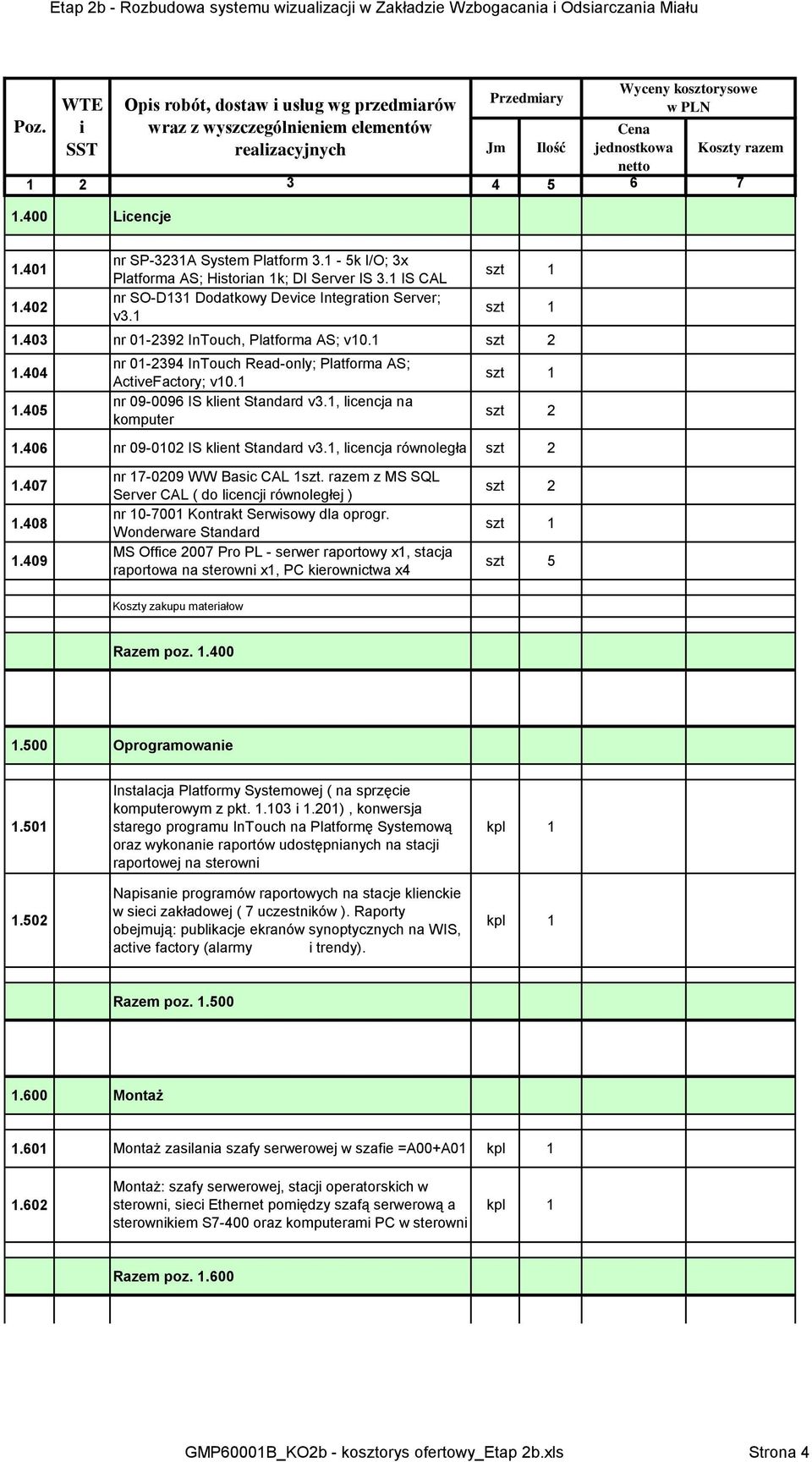 1, lcencja równoległa szt 2 1.407 1.408 1.409 nr 17-0209 WW Basc CAL 1szt. razem z MS SQL Server CAL ( do lcencj równoległej ) nr 10-7001 Kontrakt Serwsowy dla oprogr.