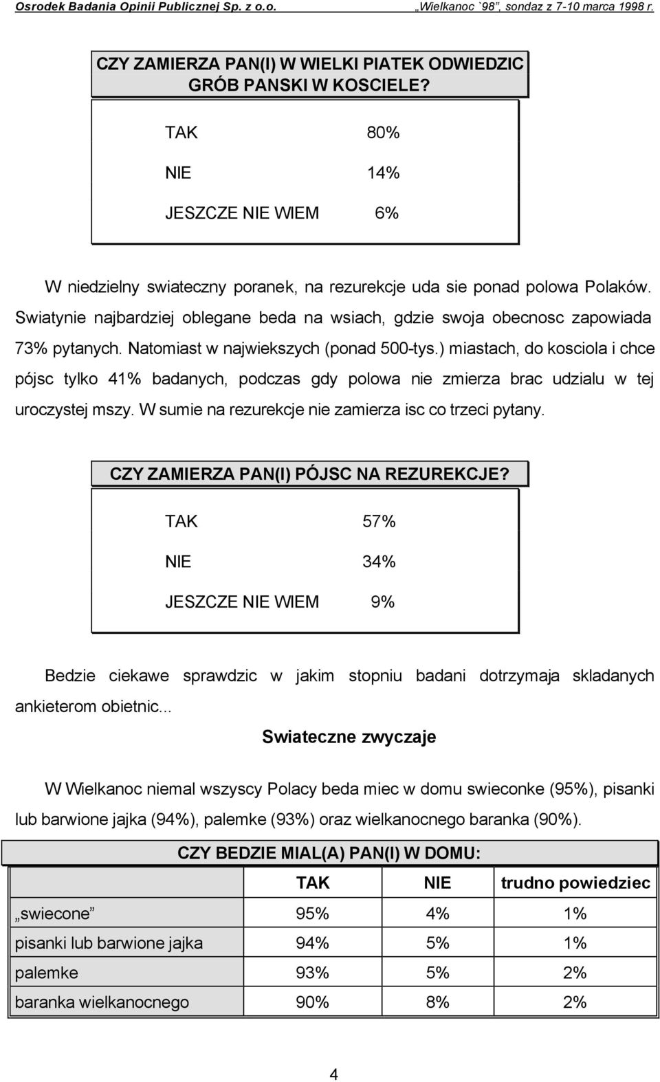 Swiatynie najbardziej oblegane beda na wsiach, gdzie swoja obecnosc zapowiada 73% pytanych. Natomiast w najwiekszych (ponad 500-tys.