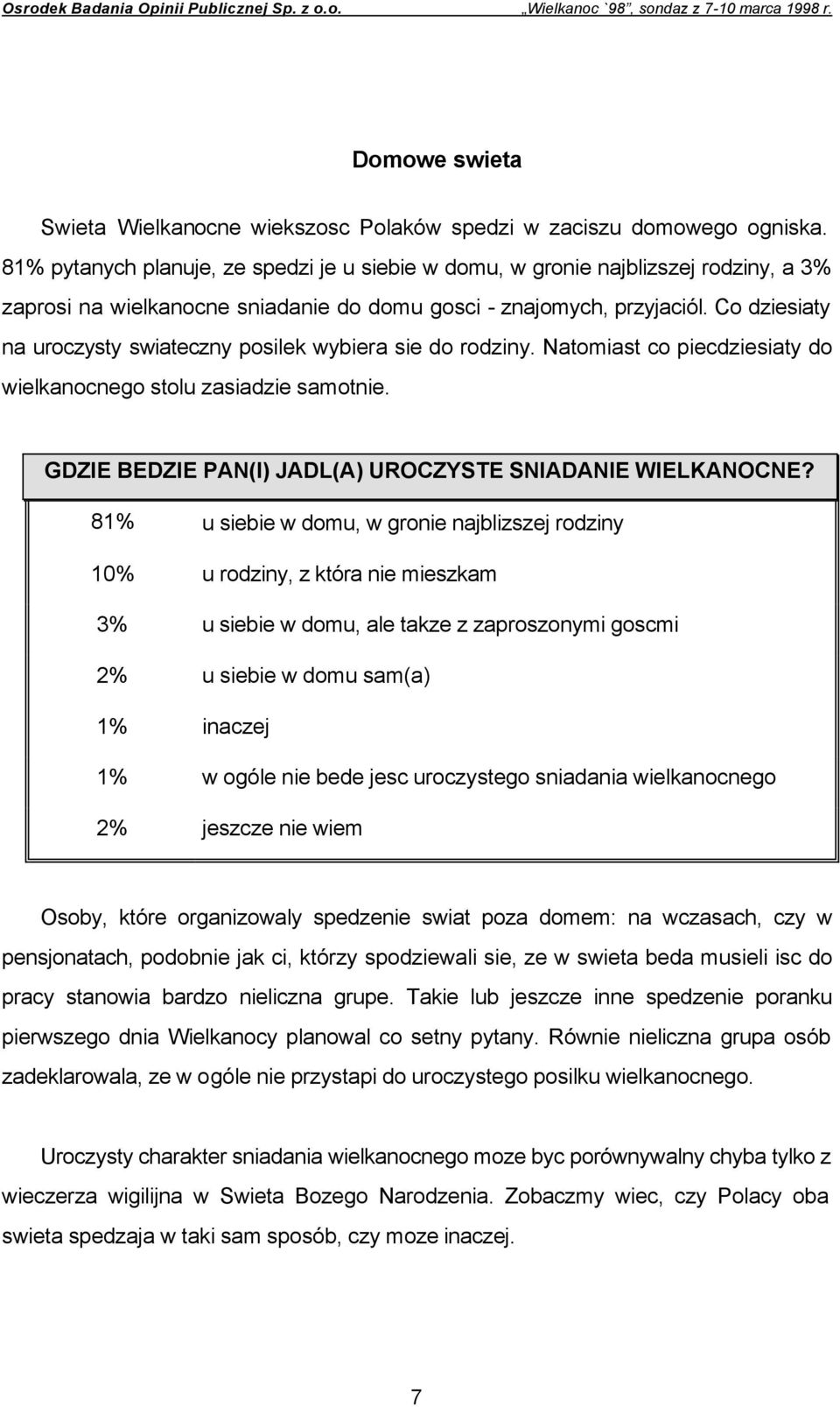 Co dziesiaty na uroczysty swiateczny posilek wybiera sie do rodziny. Natomiast co piecdziesiaty do wielkanocnego stolu zasiadzie samotnie. GDZIE BEDZIE PAN(I) JADL(A) UROCZYSTE SNIADANIE WIELKANOCNE?