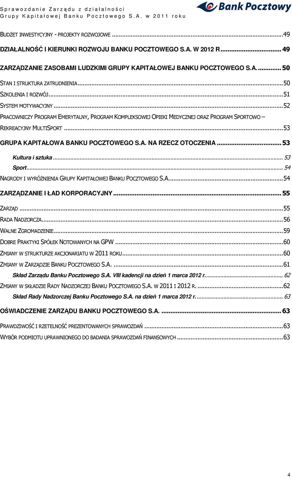 .. 53 GRUPA KAPITAŁOWA BANKU POCZTOWEGO S.A. NA RZECZ OTOCZENIA... 53 Kultura i sztuka... 53 Sport... 54 NAGRODY I WYRÓŻNIENIA GRUPY KAPITAŁOWEJ BANKU POCZTOWEGO S.A.... 54 ZARZĄDZANIE I ŁAD KORPORACYJNY.