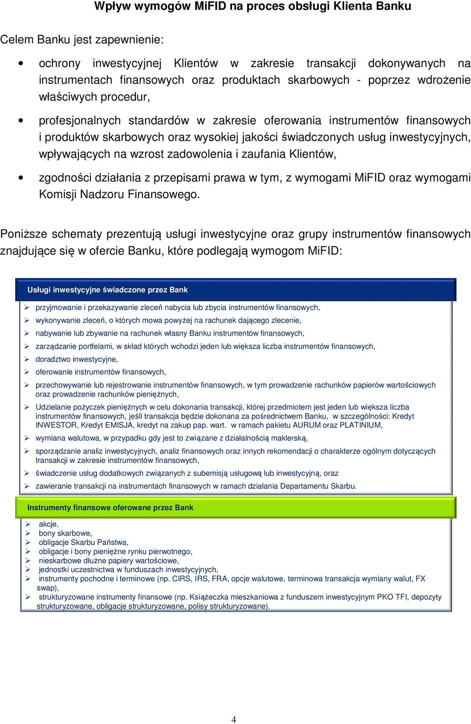 inwestycyjnych, wpływających na wzrost zadowolenia i zaufania Klientów, zgodności działania z przepisami prawa w tym, z wymogami MiFID oraz wymogami Komisji Nadzoru Finansowego.