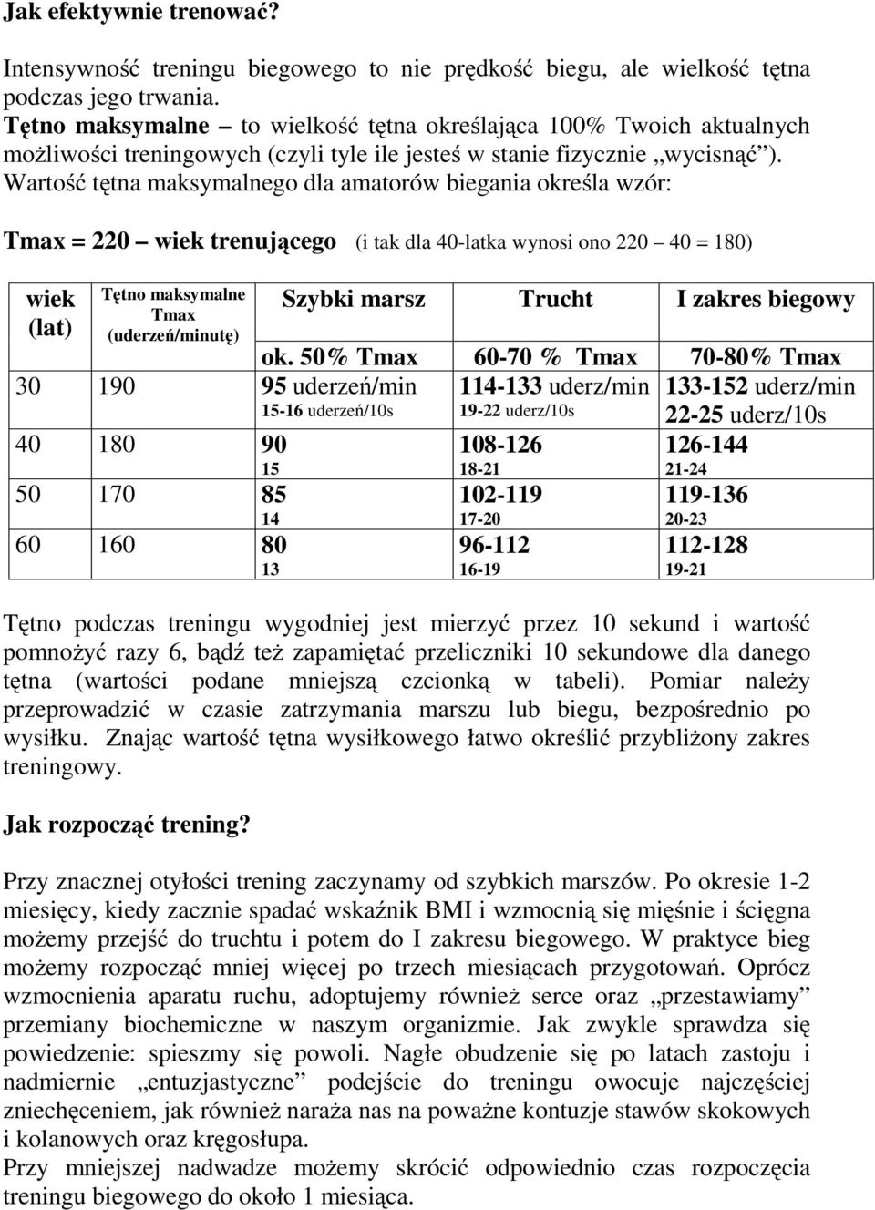 Wartość tętna maksymalnego dla amatorów biegania określa wzór: Tmax = 220 wiek trenującego (i tak dla 40-latka wynosi ono 220 40 = 180) wiek (lat) Tętno maksymalne Tmax (uderzeń/minutę) 30 190 95