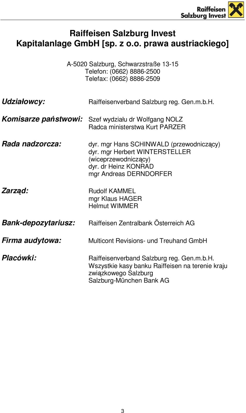 Komisarze państwowi: Szef wydziału dr Wolfgang NOLZ Radca ministerstwa Kurt PARZER Rada nadzorcza: Zarząd: Bank-depozytariusz: Firma audytowa: Placówki: dyr.