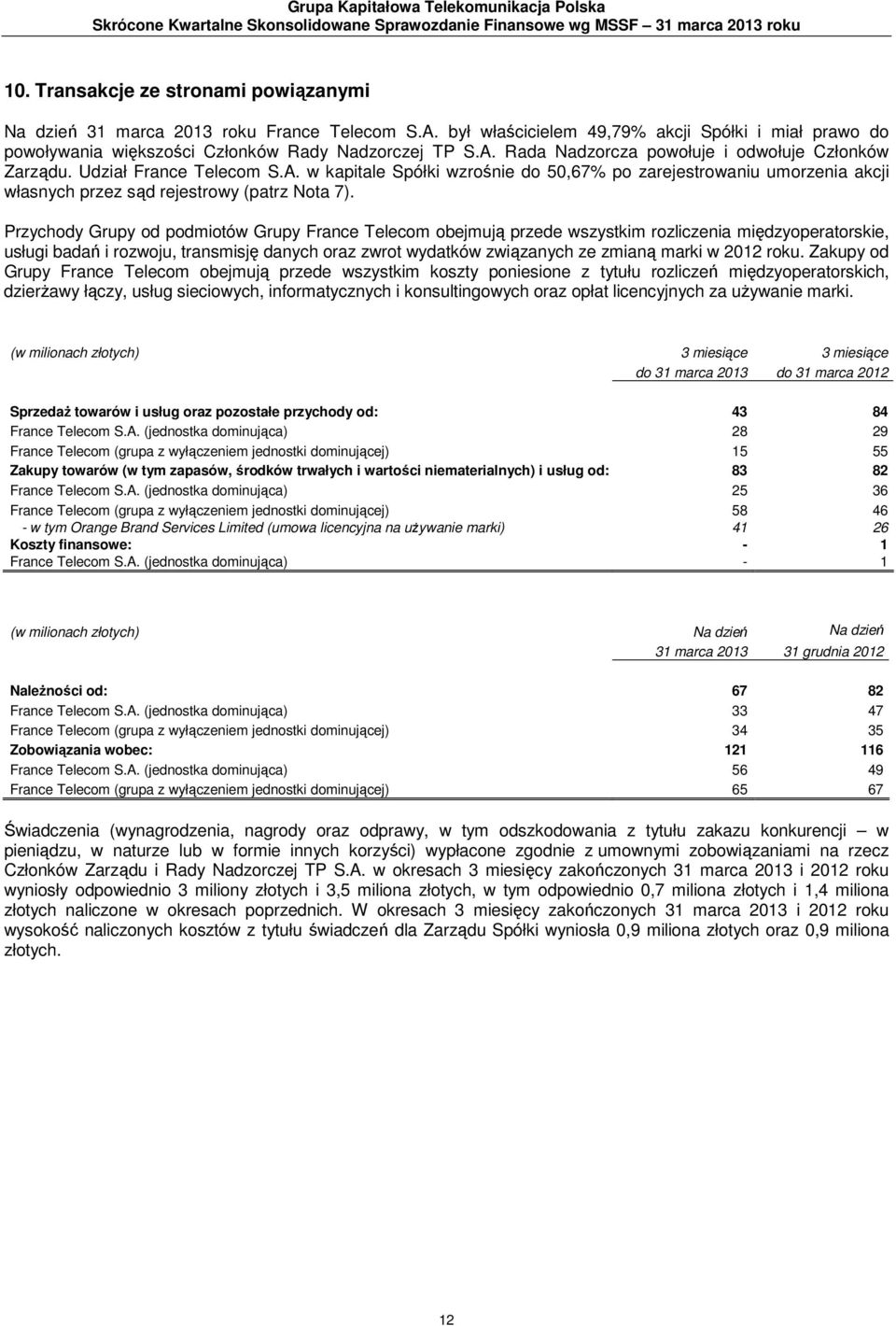 Udział France Telecom S.A. w kapitale Spółki wzrośnie do 50,67% po zarejestrowaniu umorzenia akcji własnych przez sąd rejestrowy (patrz Nota 7).