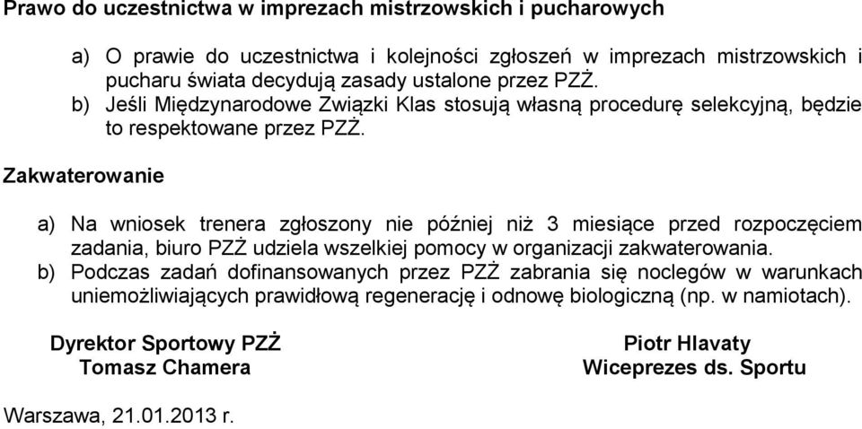 Zakwaterowanie a) Na wniosek trenera zgłoszony nie później niż 3 miesiące przed rozpoczęciem zadania, biuro PZŻ udziela wszelkiej pomocy w organizacji zakwaterowania.