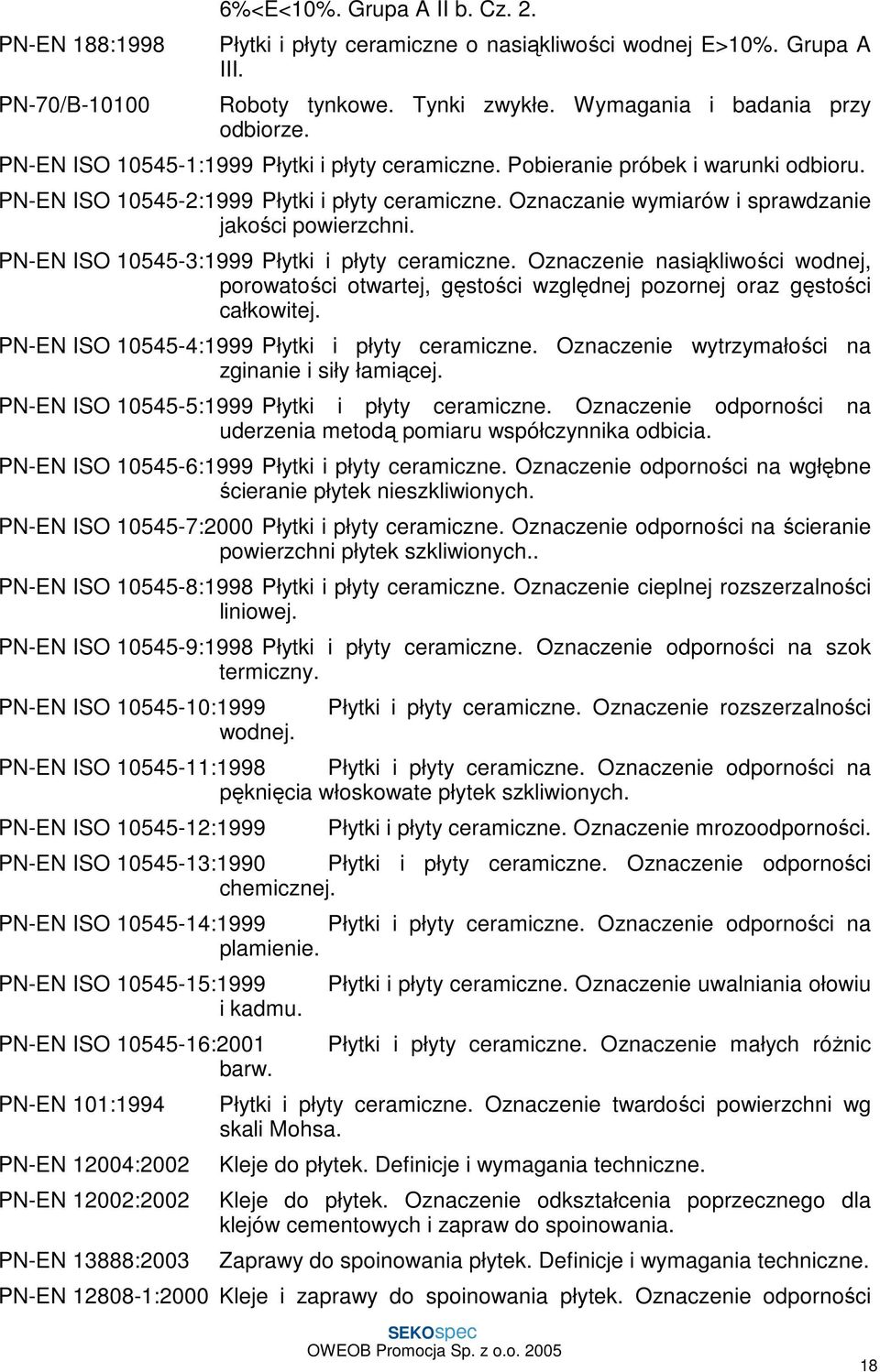 PN-EN ISO 10545-3:1999 Płytki i płyty ceramiczne. Oznaczenie nasiąkliwości wodnej, porowatości otwartej, gęstości względnej pozornej oraz gęstości całkowitej.