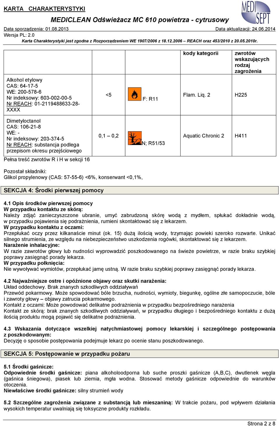 sekcji 16 Pozostał składniki: Glikol propylenowy (CAS: 57-55-6) <6%, konserwant <0,1%, SEKCJA 4: Środki pierwszej pomocy 4.