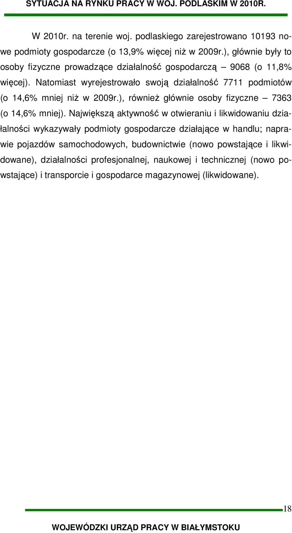 Natomiast wyrejestrowało swoją działalność 7711 podmiotów (o 14,6% mniej niż w 2009r.), również głównie osoby fizyczne 7363 (o 14,6% mniej).