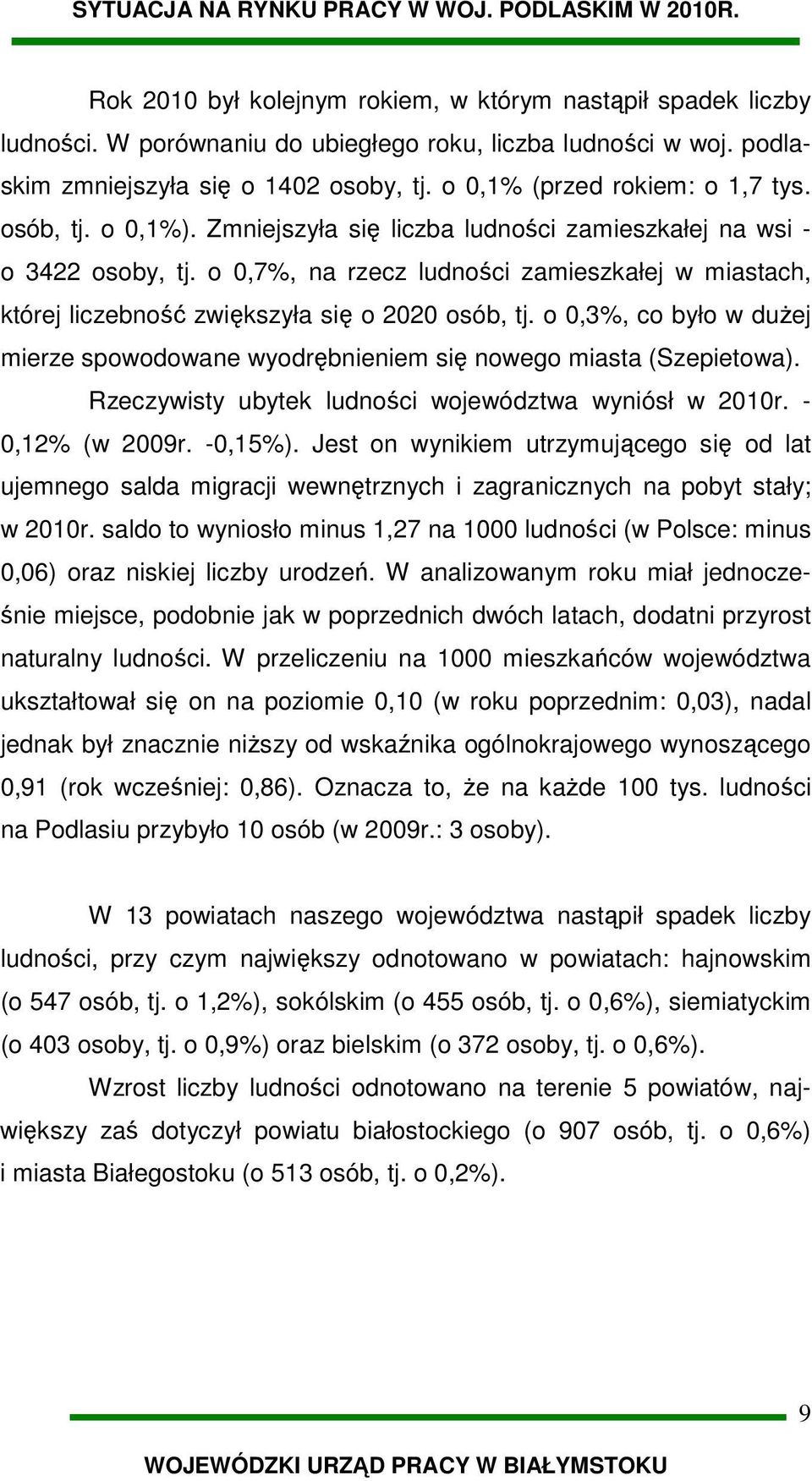 o 0,7%, na rzecz ludności zamieszkałej w miastach, której liczebność zwiększyła się o 2020 osób, tj. o 0,3%, co było w dużej mierze spowodowane wyodrębnieniem się nowego miasta (Szepietowa).