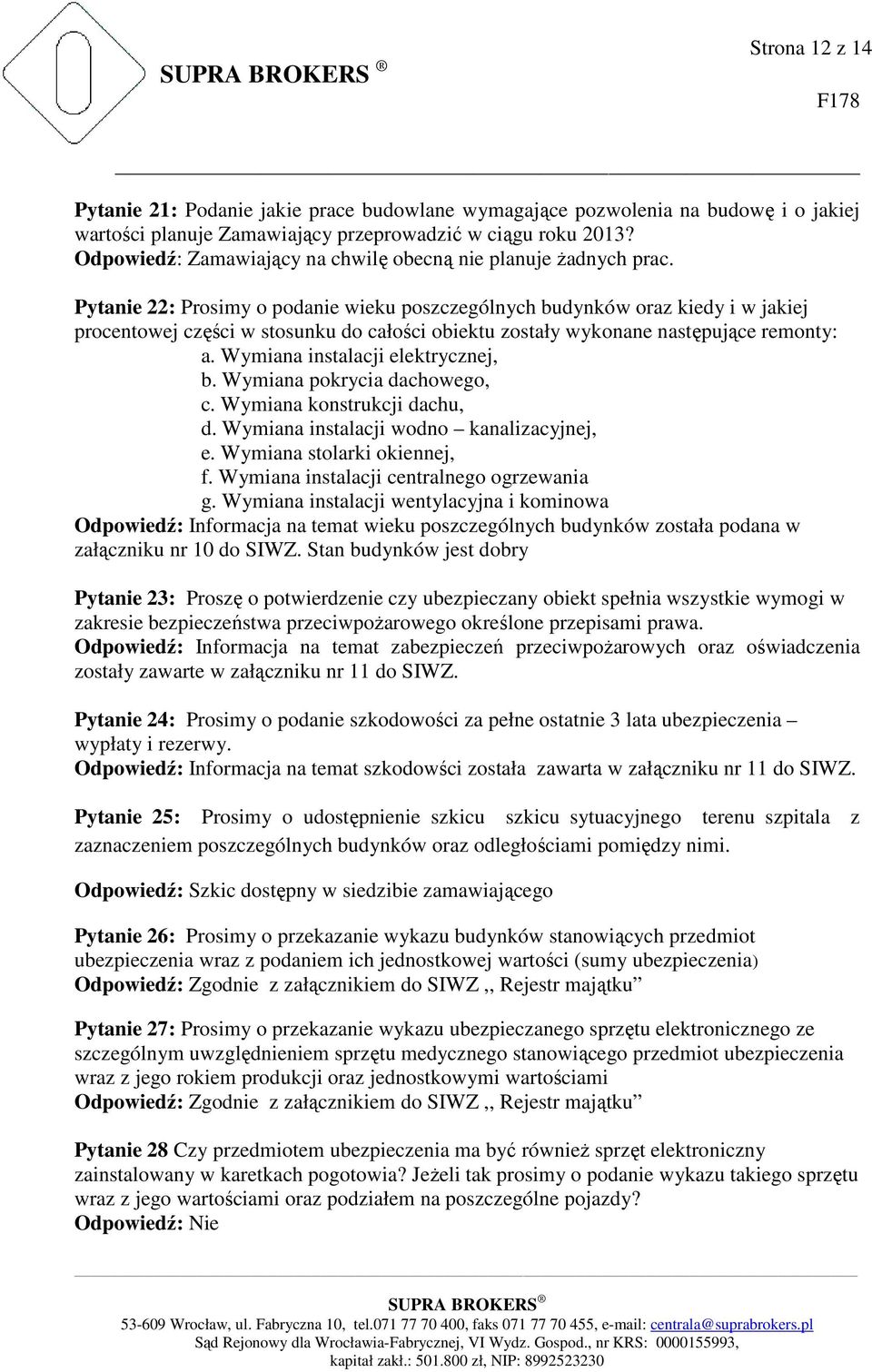 Pytanie 22: Prosimy o podanie wieku poszczególnych budynków oraz kiedy i w jakiej procentowej części w stosunku do całości obiektu zostały wykonane następujące remonty: a.