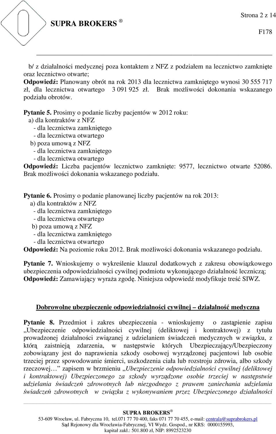 Prosimy o podanie liczby pacjentów w 2012 roku: a) dla kontraktów z NFZ - dla lecznictwa zamkniętego - dla lecznictwa otwartego b) poza umową z NFZ - dla lecznictwa zamkniętego - dla lecznictwa