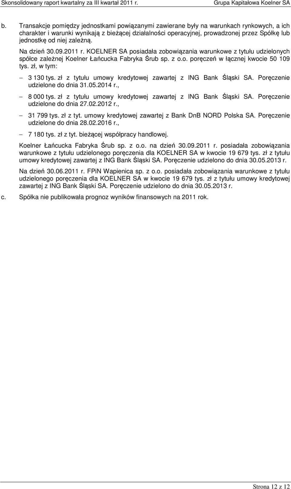 zł, w tym: 3 130 tys. zł z tytułu umowy kredytowej zawartej z ING Bank Śląski SA. Poręczenie udzielone do dnia 31.05.2014 r., 8 000 tys. zł z tytułu umowy kredytowej zawartej z ING Bank Śląski SA. Poręczenie udzielone do dnia 27.