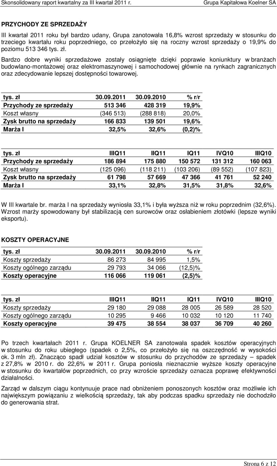 Bardzo dobre wyniki sprzedażowe zostały osiągnięte dzięki poprawie koniunktury w branżach budowlano-montażowej oraz elektromaszynowej i samochodowej głównie na rynkach zagranicznych oraz zdecydowanie