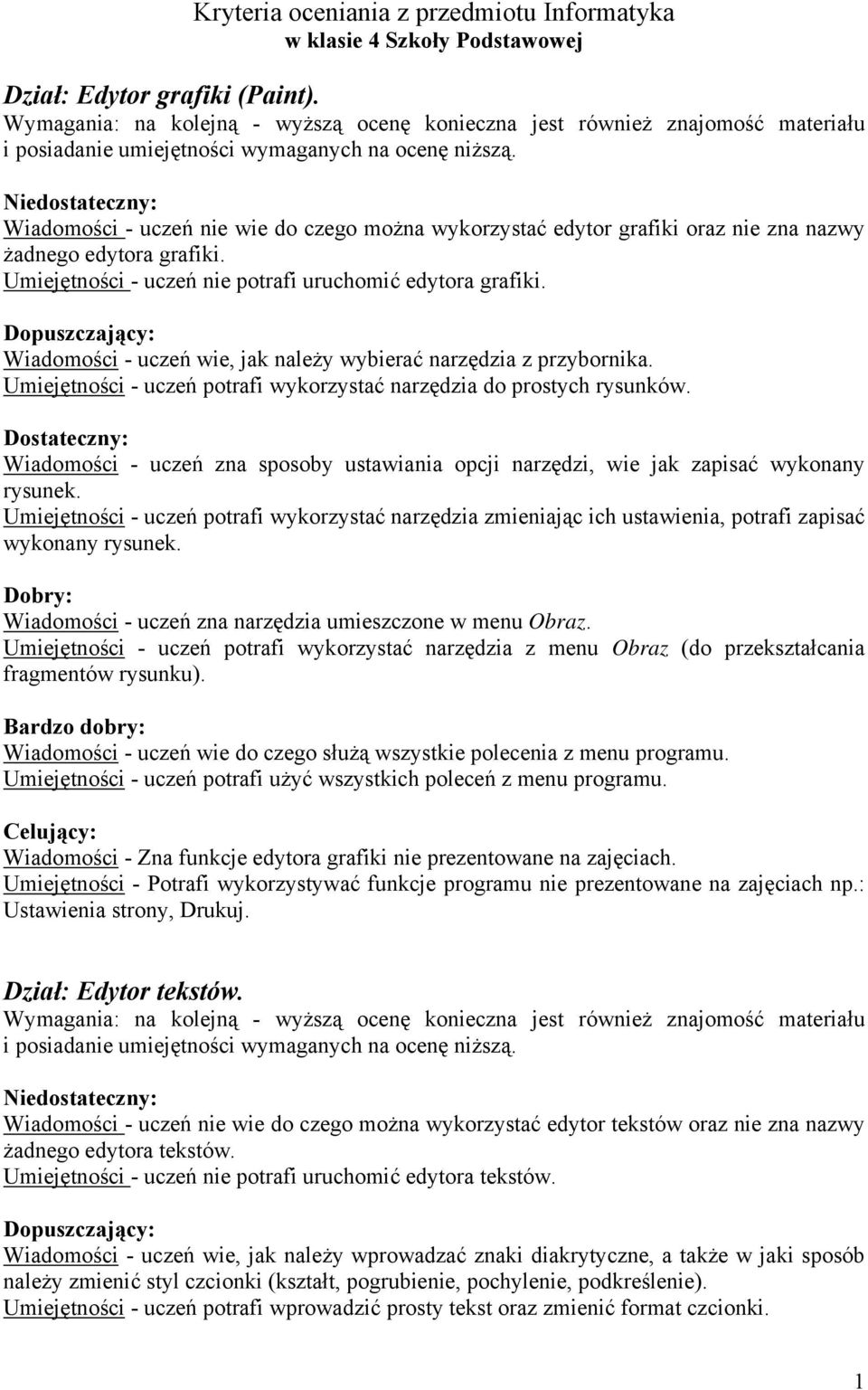 Wiadomości - uczeń wie, jak należy wybierać narzędzia z przybornika. Umiejętności - uczeń potrafi wykorzystać narzędzia do prostych rysunków.