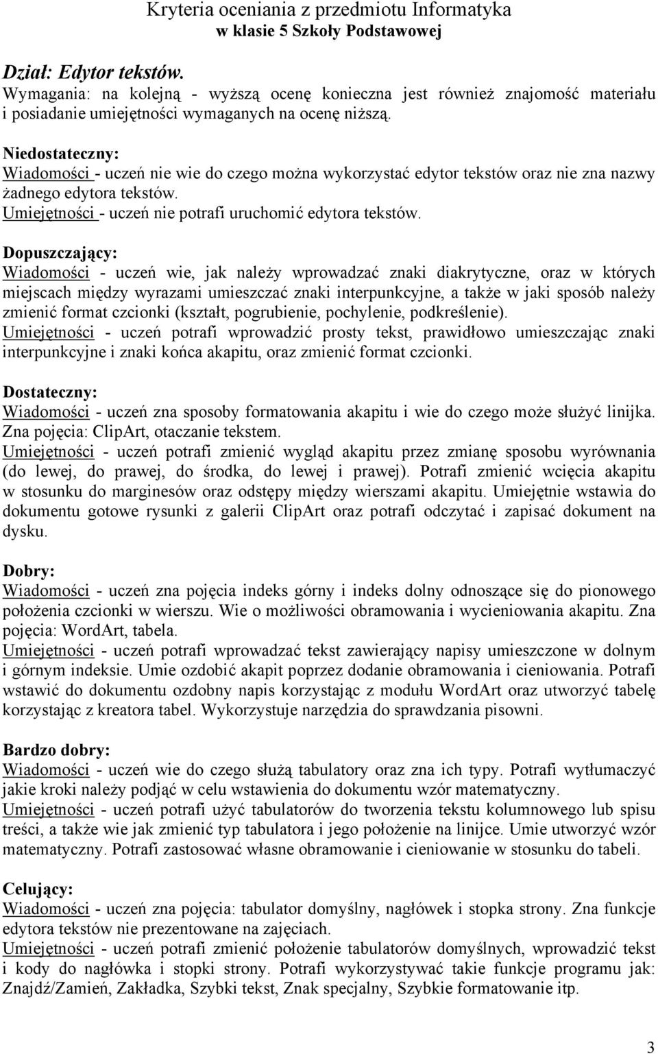 Wiadomości - uczeń wie, jak należy wprowadzać znaki diakrytyczne, oraz w których miejscach między wyrazami umieszczać znaki interpunkcyjne, a także w jaki sposób należy zmienić format czcionki