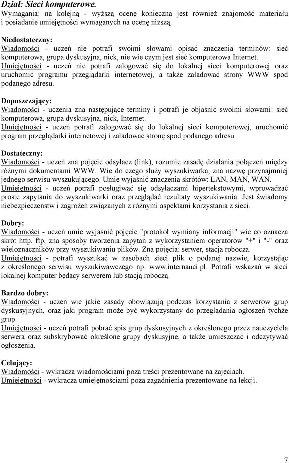 Wiadomości - uczenia zna następujące terminy i potrafi je objaśnić swoimi słowami: sieć komputerowa, grupa dyskusyjna, nick, Internet.