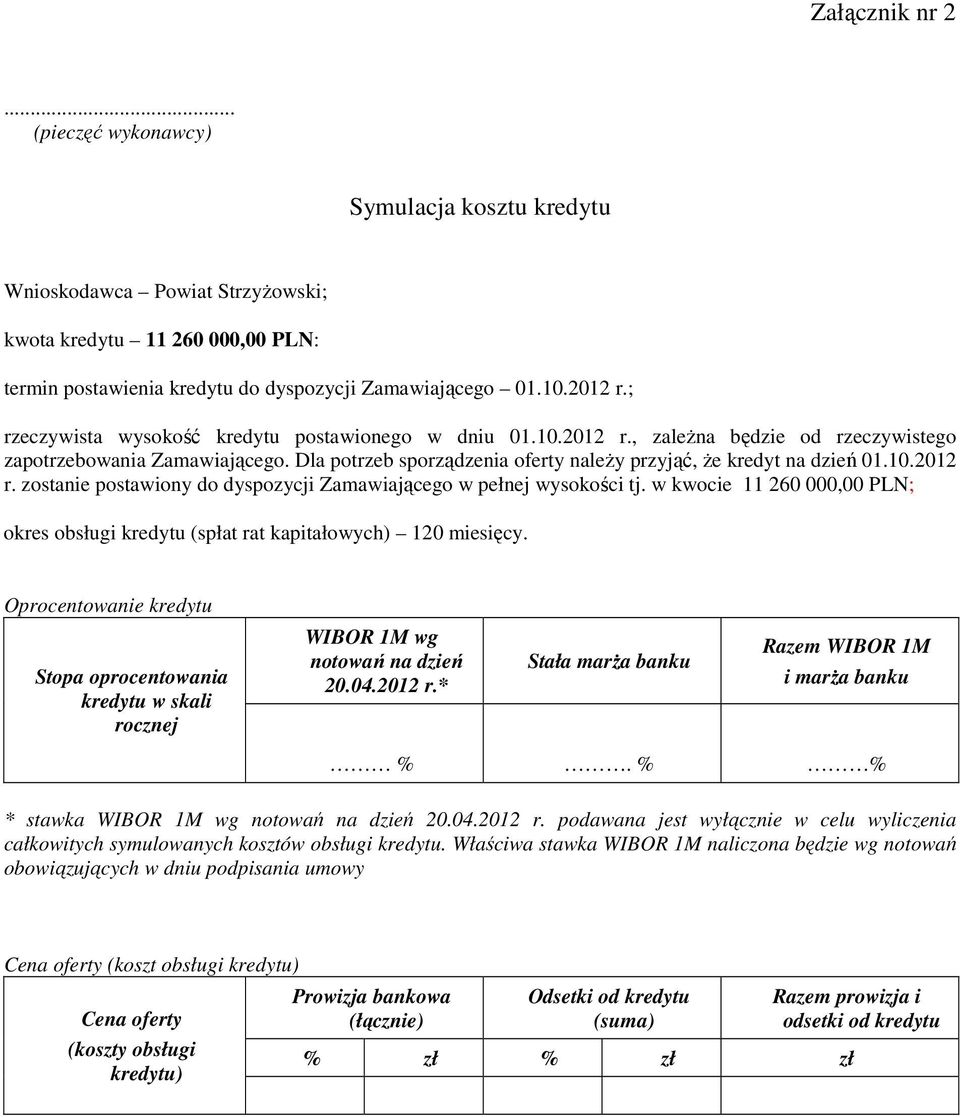 10.2012 r. zostanie postawiony do dyspozycji Zamawiającego w pełnej wysokości tj. w kwocie 11 260 000,00 PLN; okres obsługi kredytu (spłat rat kapitałowych) 120 miesięcy.