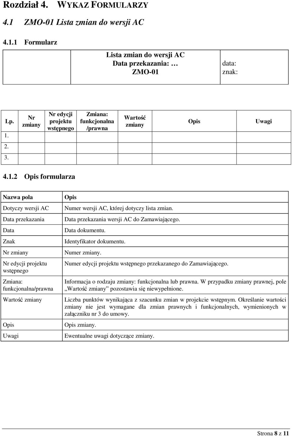 2 formularza Nazwa pola Dotyczy wersji AC Data przekazania Data Znak Nr zmiany Nr edycji projektu wstępnego Zmiana: funkcjonalna/prawna Wartość zmiany Uwagi Numer wersji AC, której dotyczy lista