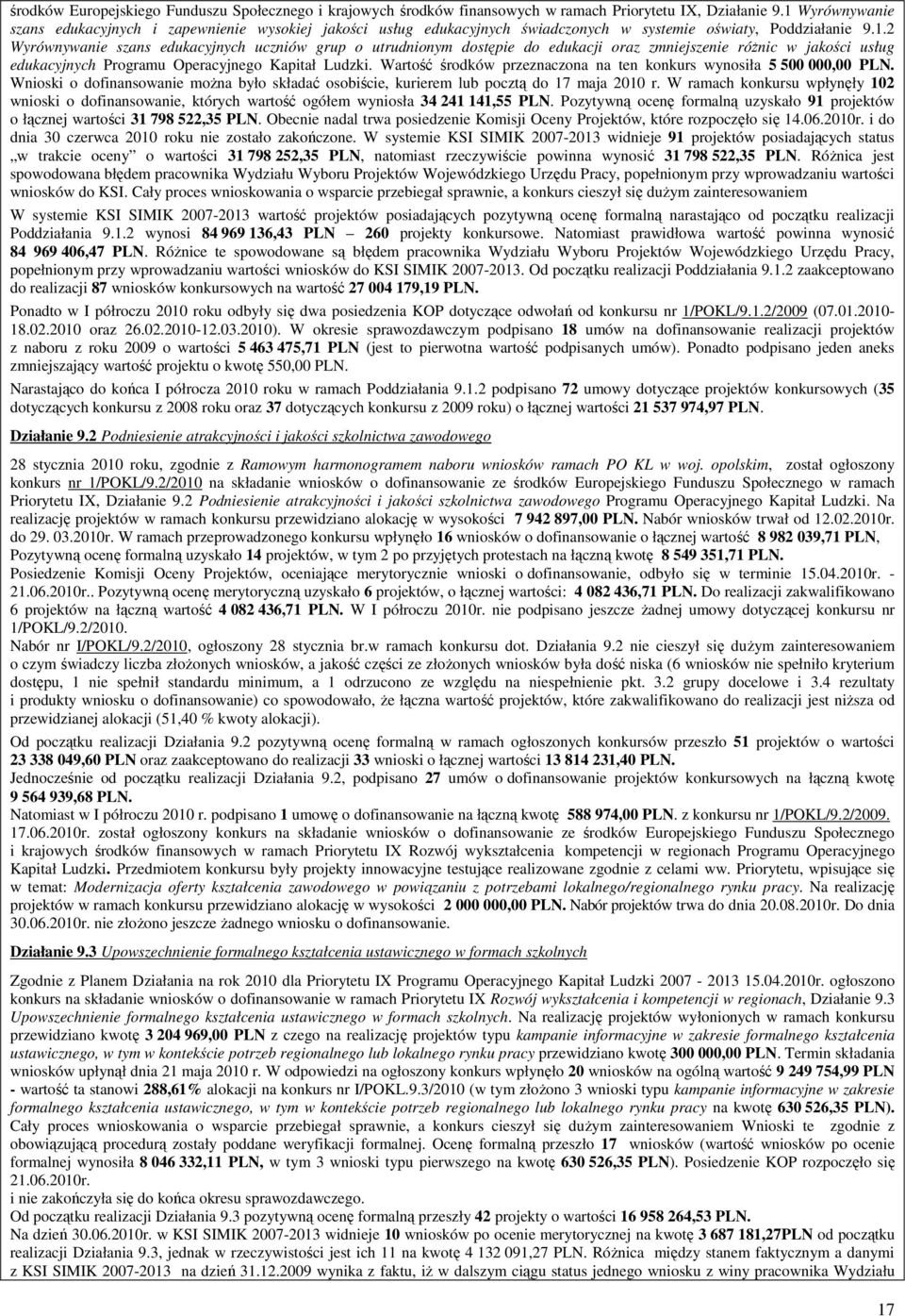 Wartość środków przeznaczona na ten konkurs wynosiła 5 500 000,00 PLN. Wnioski o dofinansowanie moŝna było składać osobiście, kurierem lub pocztą do 17 maja 2010 r.