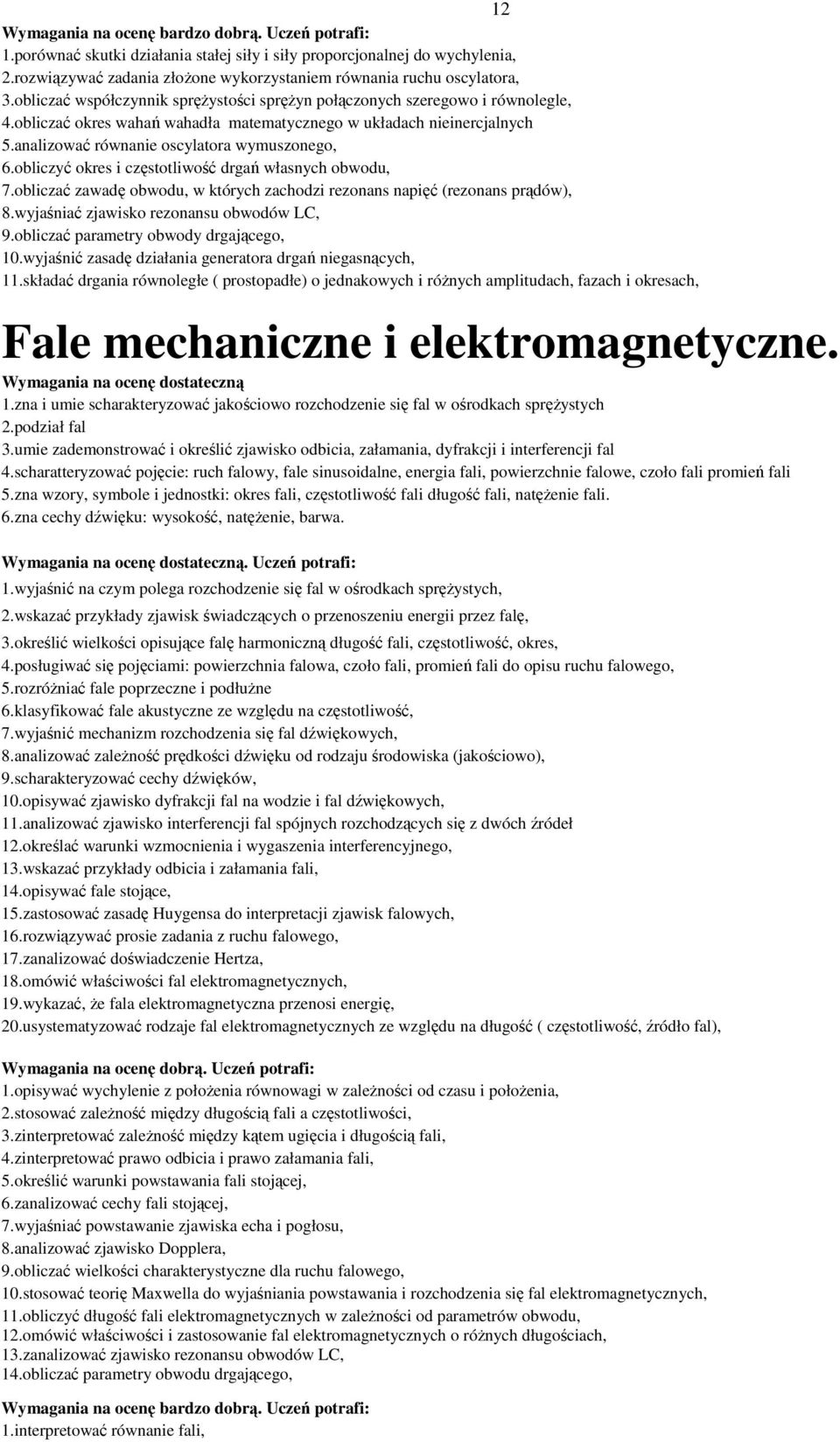 obliczać okres wahań wahadła matematycznego w układach nieinercjalnych 5.analizować równanie oscylatora wymuszonego, 6.obliczyć okres i częstotliwość drgań własnych obwodu, 7.