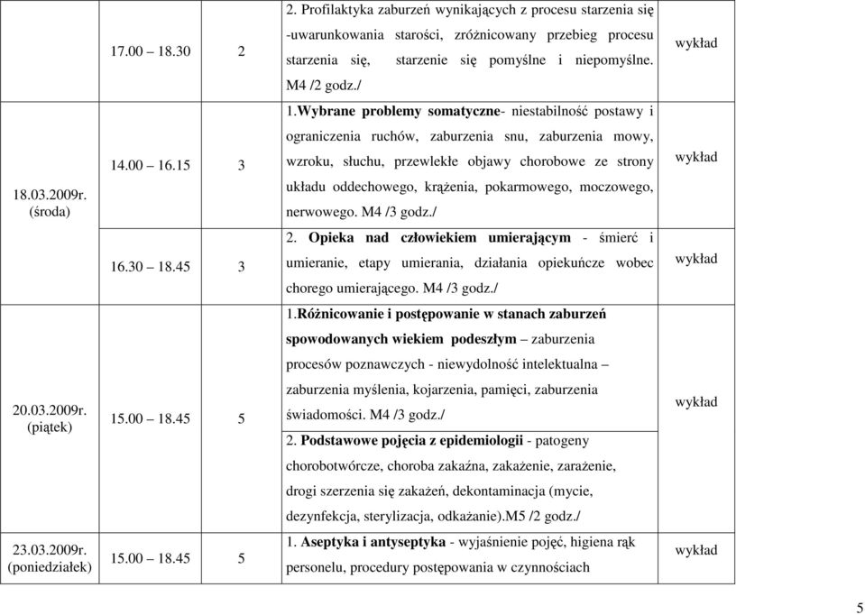 15 3 ograniczenia ruchów, zaburzenia snu, zaburzenia mowy, wzroku, słuchu, przewlekłe objawy chorobowe ze strony układu oddechowego, krąŝenia, pokarmowego, moczowego, nerwowego. M4 /3 godz./ 16.30 18.