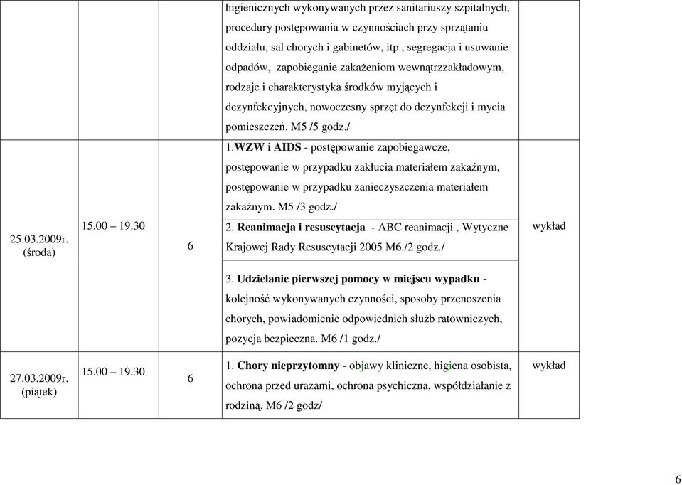 M5 /5 godz./ 1.WZW i AIDS - postępowanie zapobiegawcze, postępowanie w przypadku zakłucia materiałem zakaźnym, postępowanie w przypadku zanieczyszczenia materiałem zakaźnym. M5 /3 godz./ 25.03.2009r.