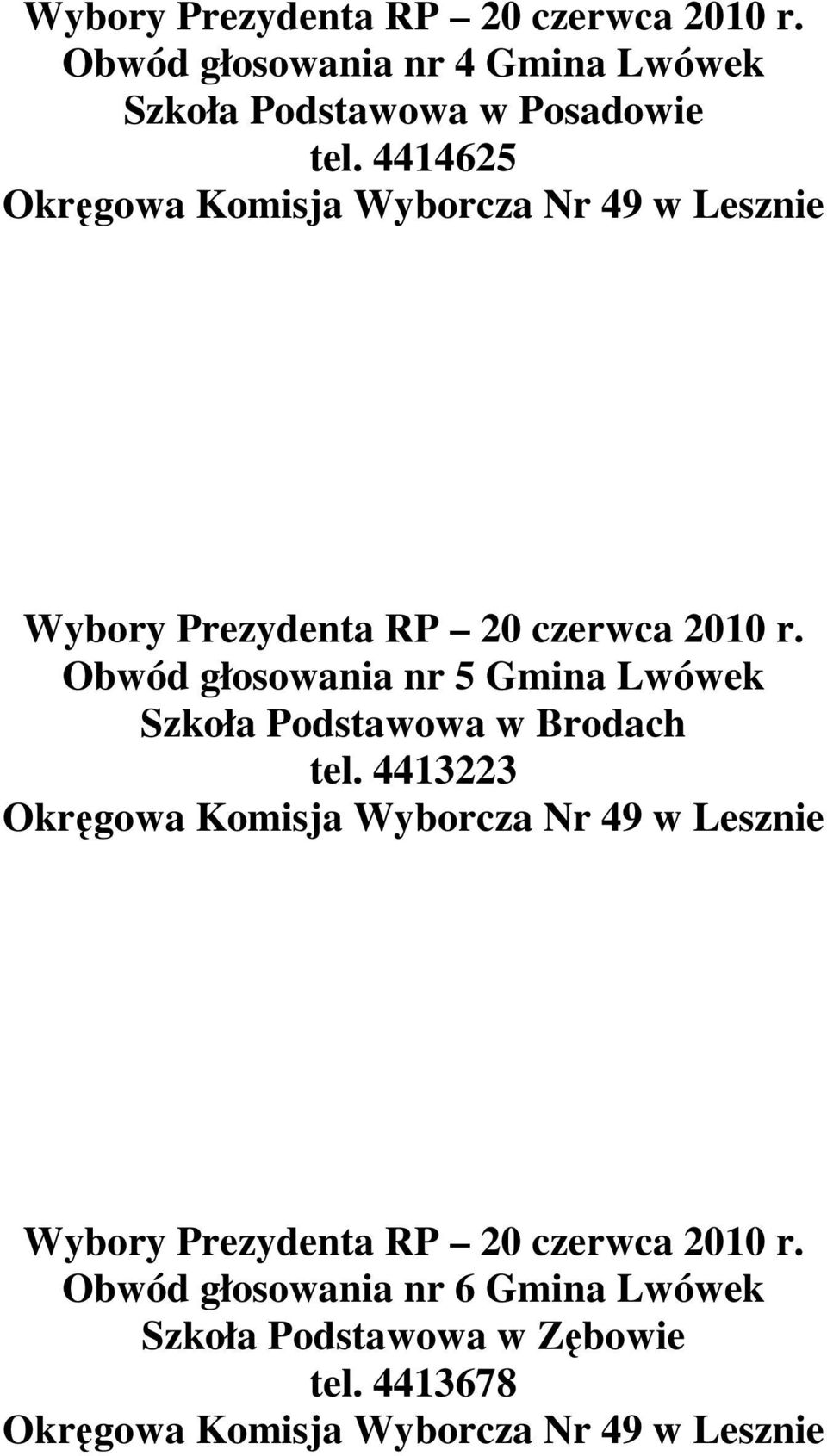 4414625  Obwód głosowania nr 5 Gmina Lwówek Szkoła Podstawowa w Brodach tel.