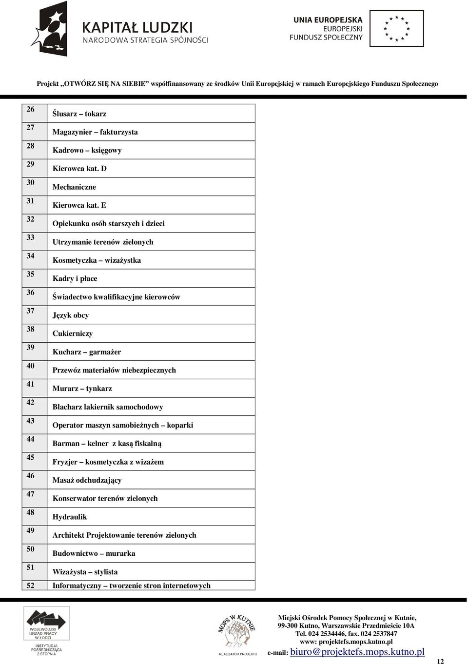 E 32 Opiekunka osób starszych i dzieci 33 Utrzymanie terenów zielonych 34 Kosmetyczka wizażystka 35 Kadry i płace 36 Świadectwo kwalifikacyjne kierowców 37 Język obcy 38 Cukierniczy 39 Kucharz