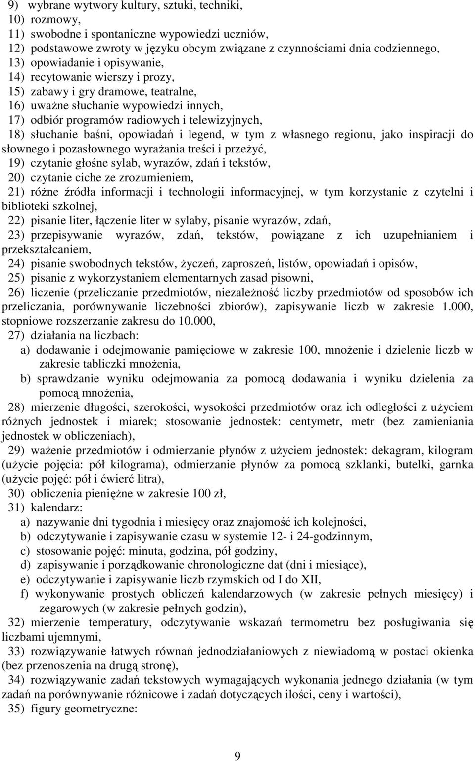 baśni, opowiadań i legend, w tym z własnego regionu, jako inspiracji do słownego i pozasłownego wyraŝania treści i przeŝyć, 19) czytanie głośne sylab, wyrazów, zdań i tekstów, 20) czytanie ciche ze