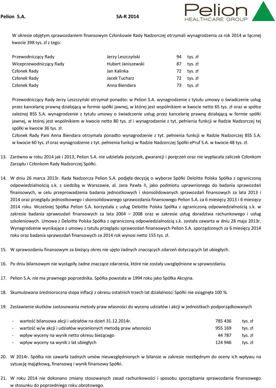 zł Przewodniczący Rady Jerzy Leszczyński otrzymał ponadto: w Pelion S.A.