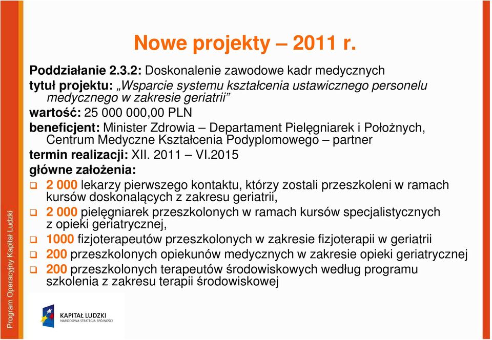 Departament Pielęgniarek i Położnych, Centrum Medyczne Kształcenia Podyplomowego partner termin realizacji: XII. 2011 VI.