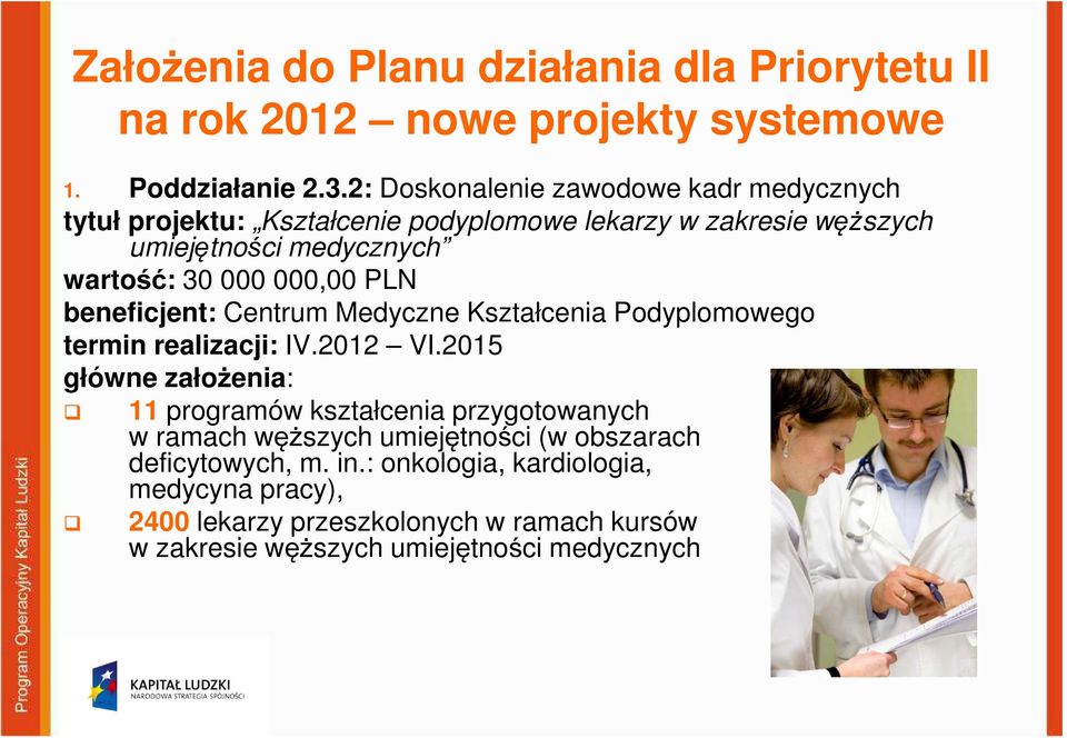 000,00 PLN beneficjent: Centrum Medyczne Kształcenia Podyplomowego termin realizacji: IV.2012 VI.