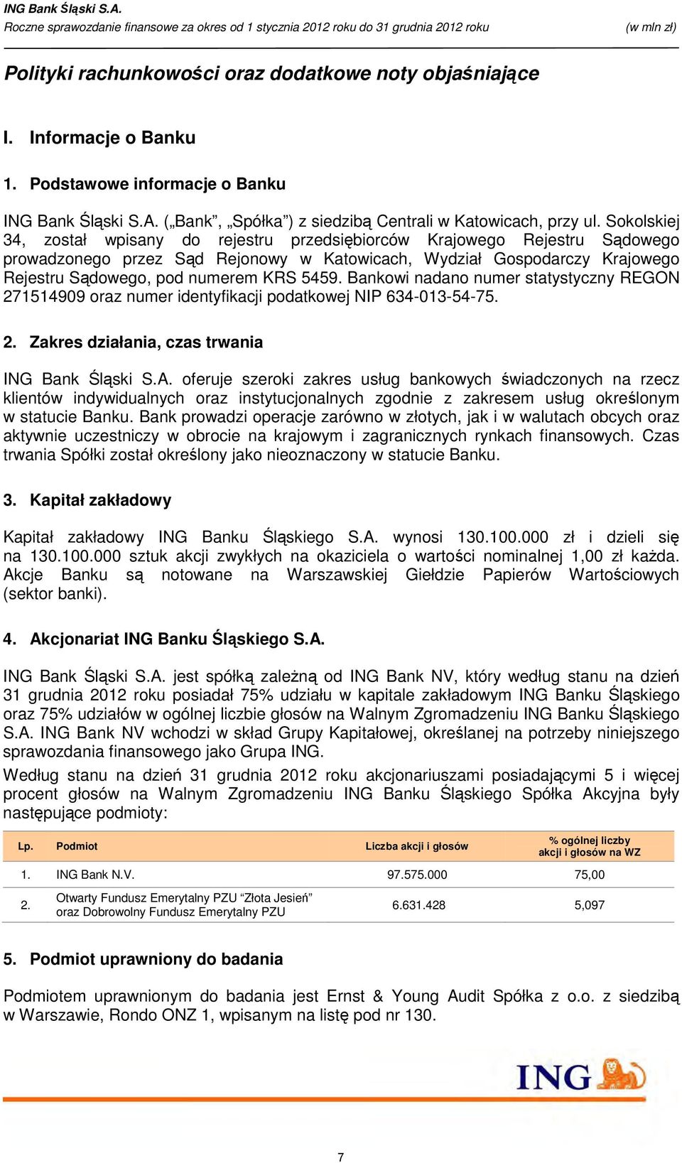 5459. Bankowi nadano numer statystyczny REGON 271514909 oraz numer identyfikacji podatkowej NIP 634-013-54-75. 2. Zakres działania, czas trwania ING Bank Śląski S.A.