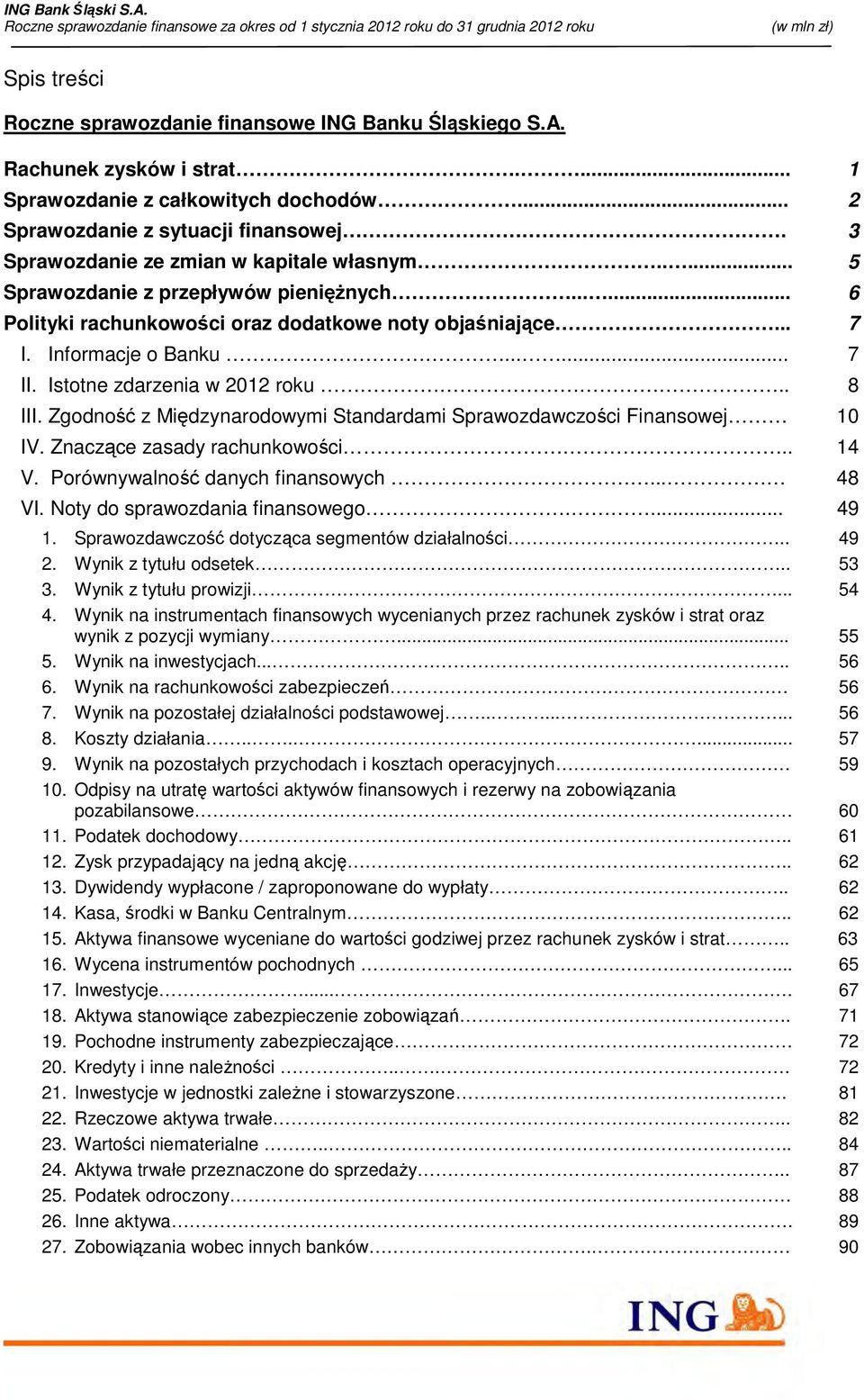 Istotne zdarzenia w 2012 roku.. 8 III. Zgodność z Międzynarodowymi Standardami Sprawozdawczości Finansowej 10 IV. Znaczące zasady rachunkowości.. 14 V. Porównywalność danych finansowych... 48 VI.