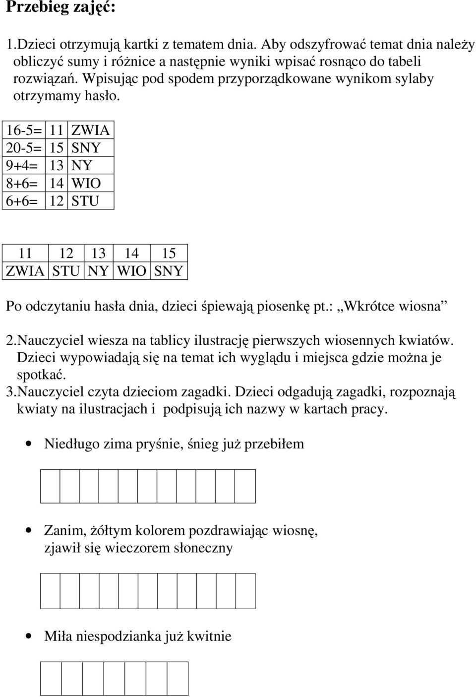 16-5= 11 ZWIA 20-5= 15 SNY 9+4= 13 NY 8+6= 14 WIO 6+6= 12 STU 11 12 13 14 15 ZWIA STU NY WIO SNY Po odczytaniu hasła dnia, dzieci śpiewają piosenkę pt.: Wkrótce wiosna 2.