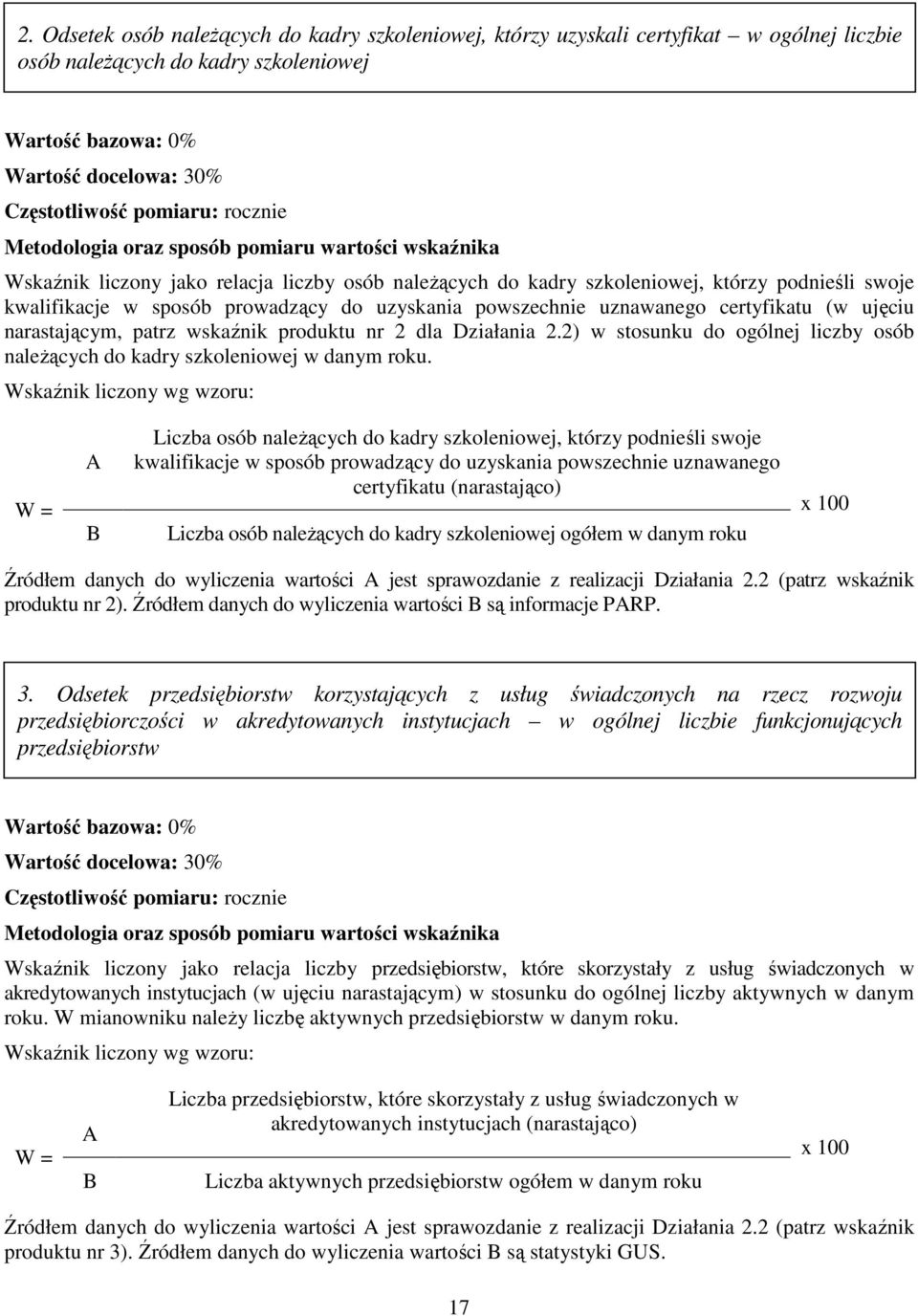 Działania 2.2) w stosunku do ogólnej liczby osób naleŝących do kadry szkoleniowej w danym roku.