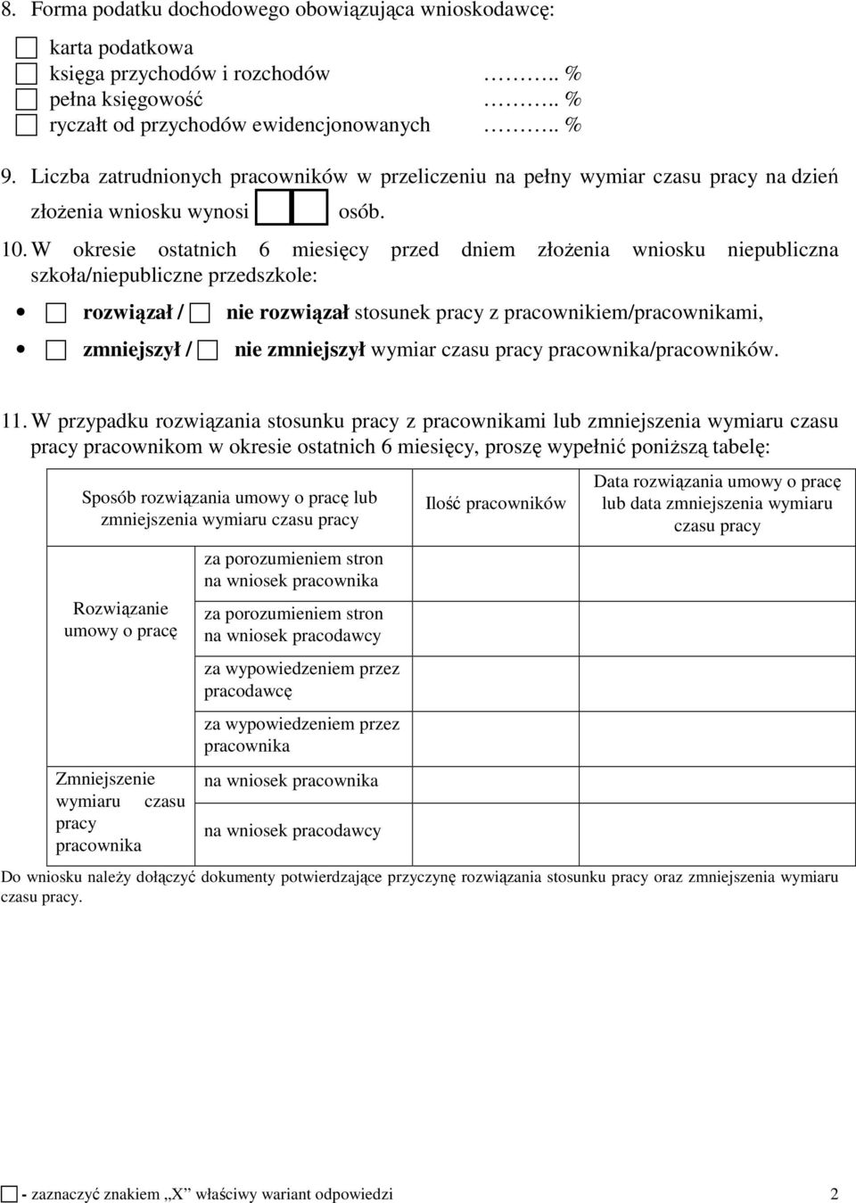 W okresie ostatnich 6 miesięcy przed dniem złożenia wniosku niepubliczna szkoła/niepubliczne przedszkole: rozwiązał / nie rozwiązał stosunek pracy z pracownikiem/pracownikami, zmniejszył / nie