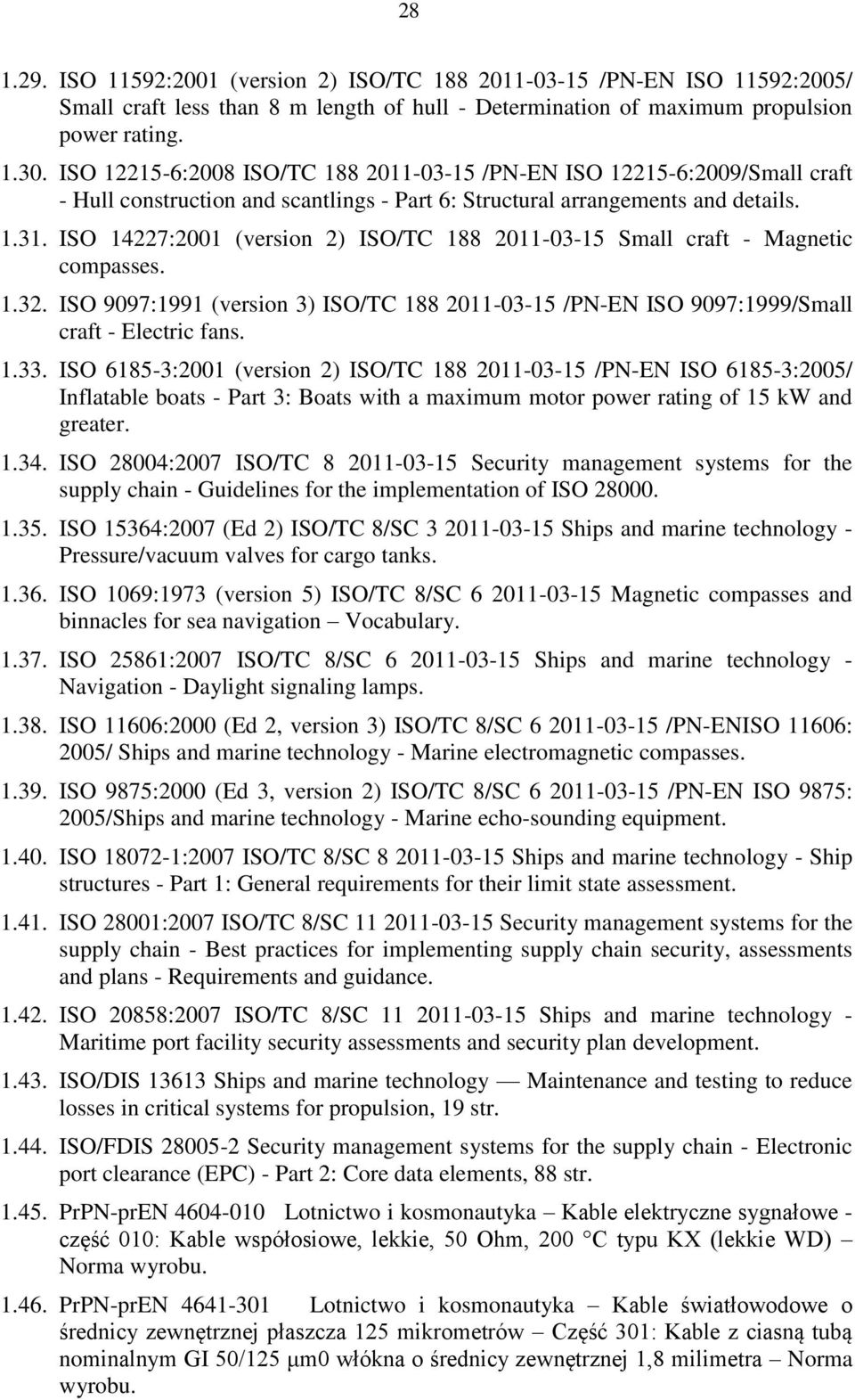 ISO 14227:2001 (version 2) ISO/TC 188 2011-03-15 Small craft - Magnetic compasses. 1.32. ISO 9097:1991 (version 3) ISO/TC 188 2011-03-15 /PN-EN ISO 9097:1999/Small craft - Electric fans. 1.33.