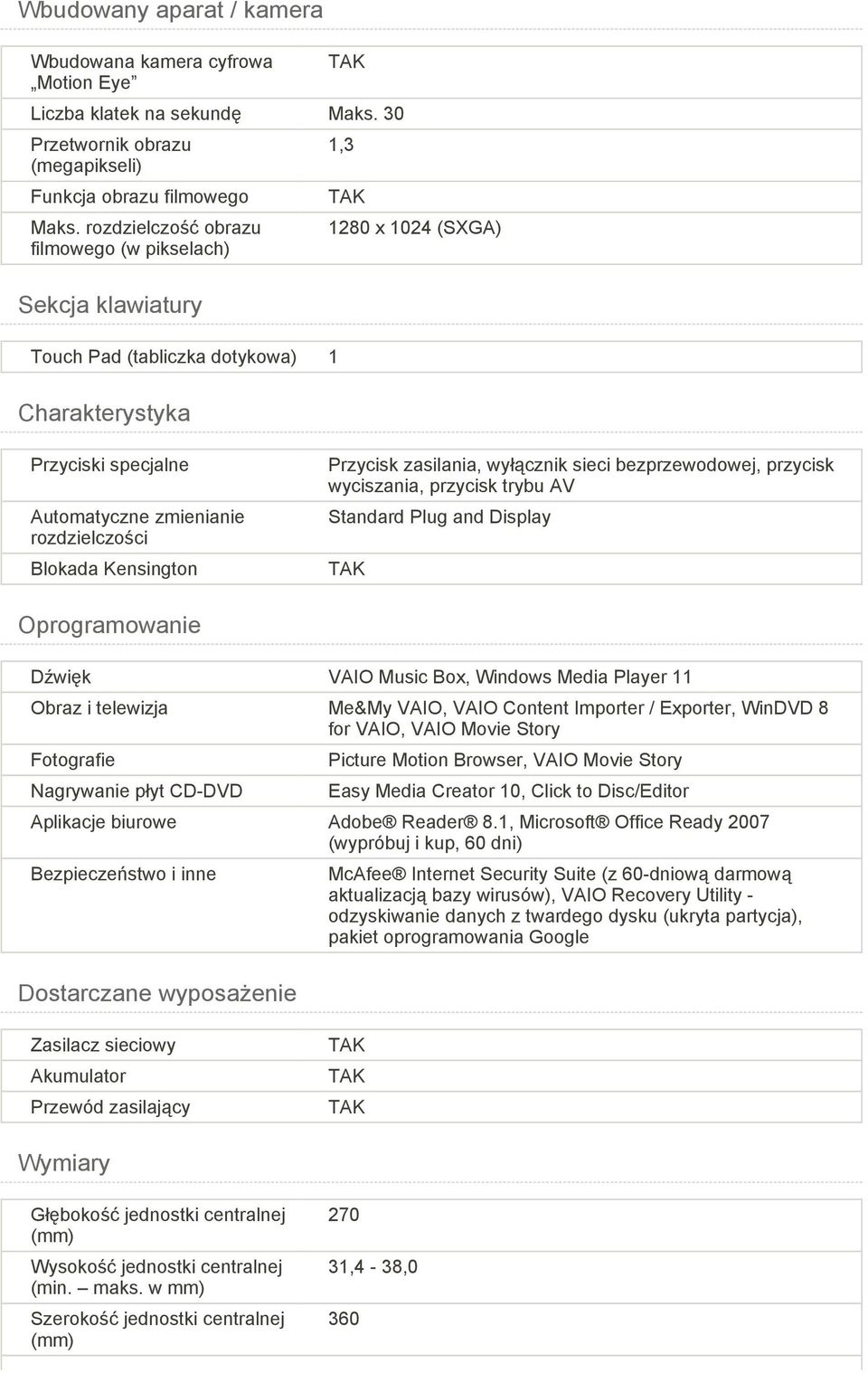 Kensington Przycisk zasilania, wyłącznik sieci bezprzewodowej, przycisk wyciszania, przycisk trybu AV Standard Plug and Display Oprogramowanie Dźwięk VAIO Music Box, Windows Media Player Obraz i