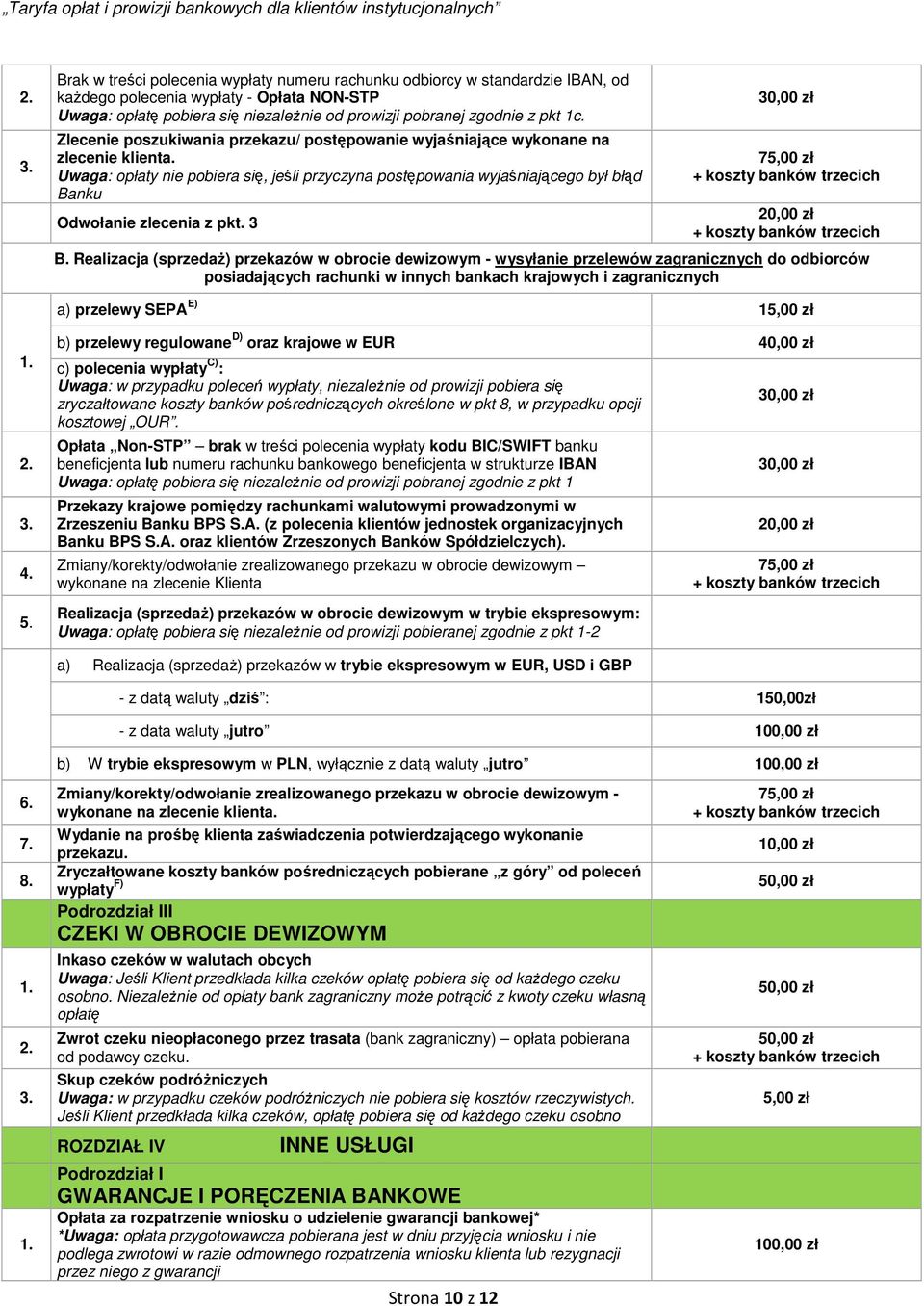 Uwaga: opłaty nie pobiera się, jeśli przyczyna postępowania wyjaśniającego był błąd Banku Odwołanie zlecenia z pkt. 3 30,00 zł 75,00 zł + koszty banków trzecich 20,00 zł + koszty banków trzecich B.