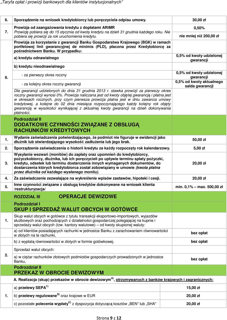 Prowizja za korzystanie z gwarancji Banku Gospodarstwa Krajowego (BGK) w ramach portfelowej linii gwarancyjnej de minimis (PLD), płacona przez Kredytobiorcę za pośrednictwem Banku.