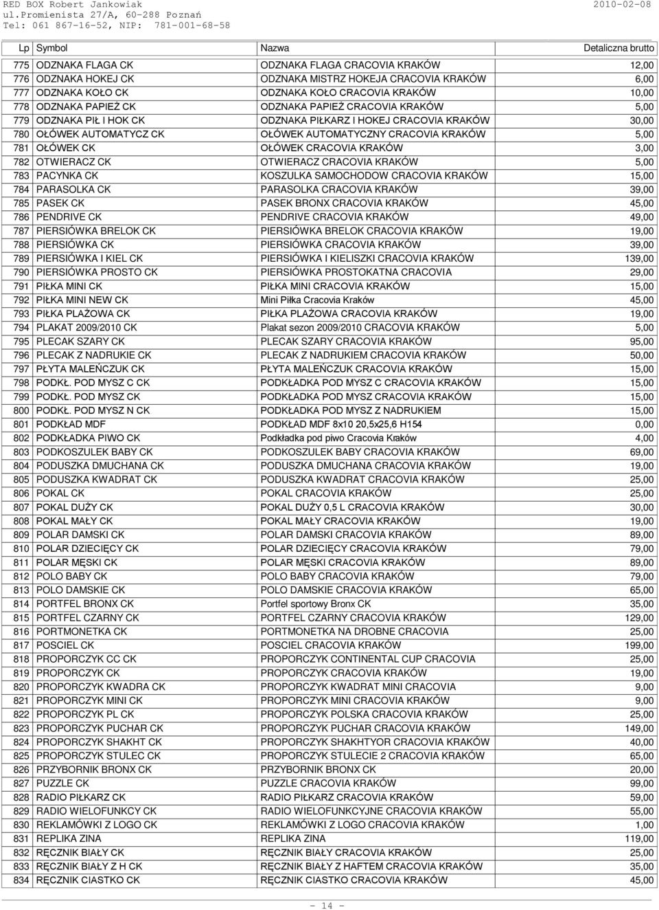 CRACOVIA KRAKÓW 3,00 782 OTWIERACZ CK OTWIERACZ CRACOVIA KRAKÓW 5,00 783 PACYNKA CK KOSZULKA SAMOCHODOW CRACOVIA KRAKÓW 15,00 784 PARASOLKA CK PARASOLKA CRACOVIA KRAKÓW 39,00 785 PASEK CK PASEK BRONX