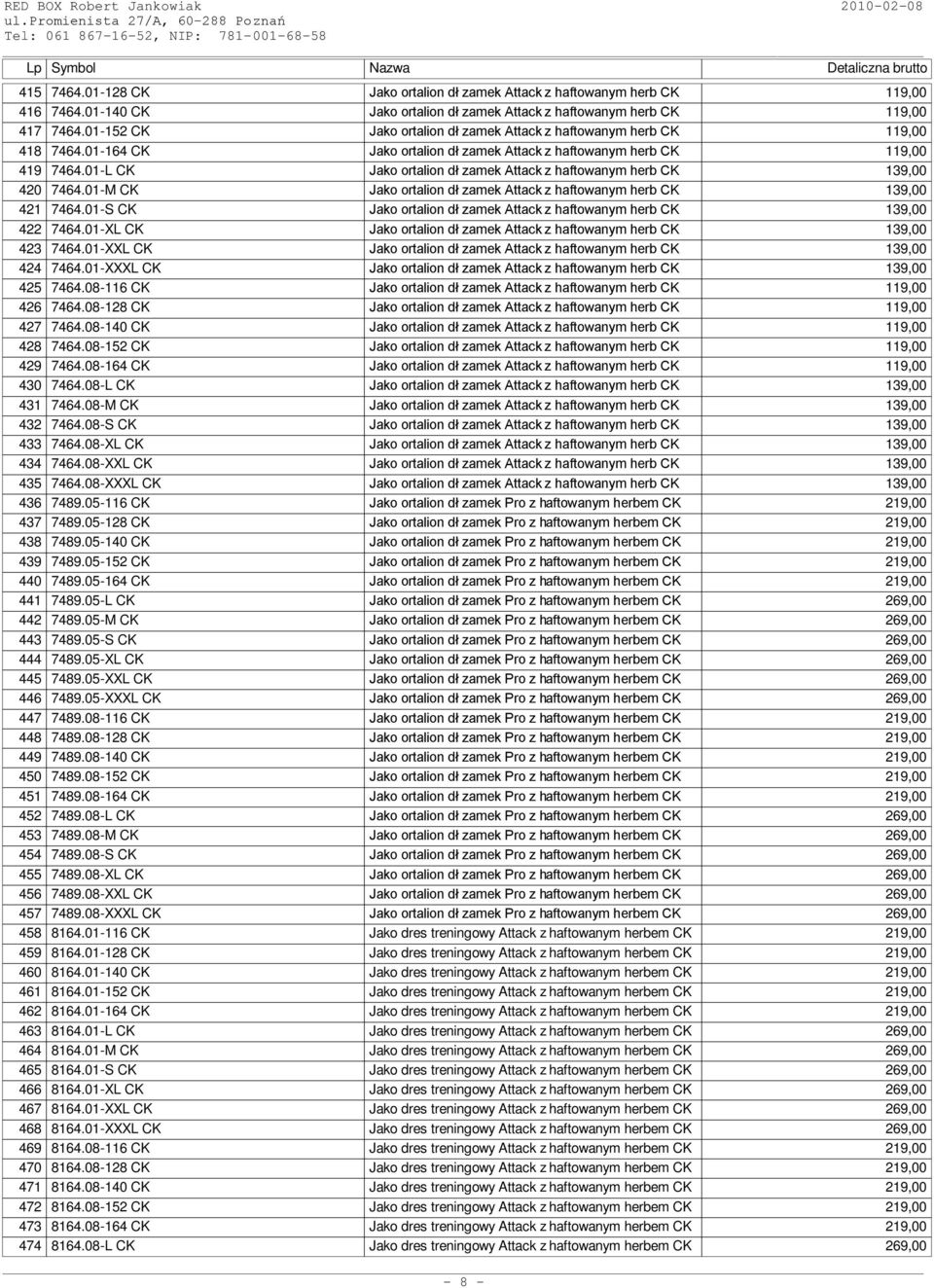 01-L CK Jako ortalion dł zamek Attack z haftowanym herb CK 139,00 420 7464.01-M CK Jako ortalion dł zamek Attack z haftowanym herb CK 139,00 421 7464.