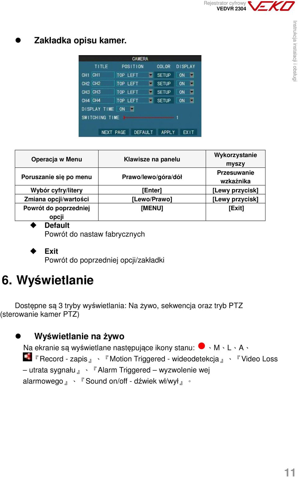 opcji/wartości [Lewo/Prawo] [Lewy przycisk] Powrót do poprzedniej [MENU] [Exit] opcji Default Powrót do nastaw fabrycznych Exit Powrót do poprzedniej opcji/zakładki 6.