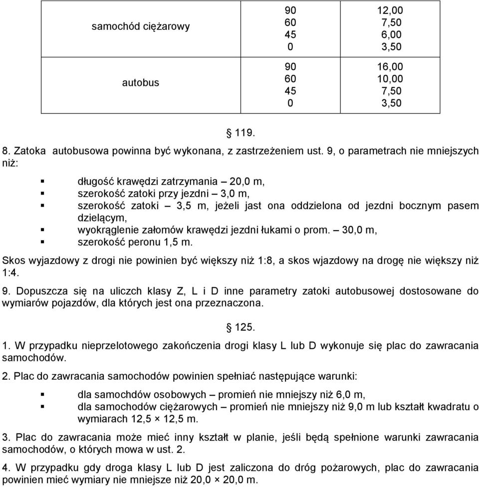 wyokrąglenie załomów krawędzi jezdni łukami o prom. 30,0 m, szerokość peronu 1,5 m. Skos wyjazdowy z drogi nie powinien być większy niż 1:8, a skos wjazdowy na drogę nie większy niż 1:4. 9.