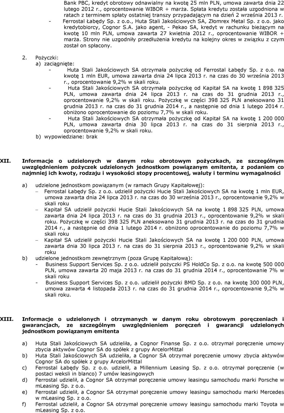 z o.o. jako kredytobiorcy, Cognor S.A. jako agent, - Pekao SA, kredyt w rachunku bieżącym na kwotę 10 mln PLN, umowa zawarta 27 kwietnia 2012 r., oprocentowanie WIBOR + marża.