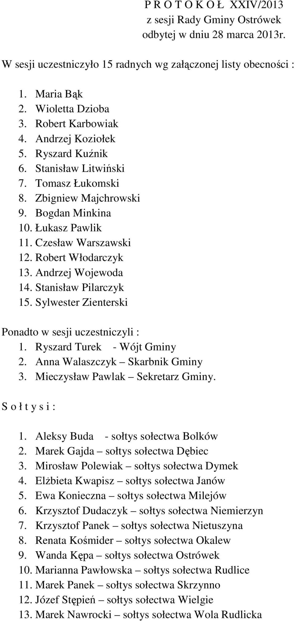 Robert Włodarczyk 13. Andrzej Wojewoda 14. Stanisław Pilarczyk 15. Sylwester Zienterski Ponadto w sesji uczestniczyli : 1. Ryszard Turek - Wójt Gminy 2. Anna Walaszczyk Skarbnik Gminy 3.