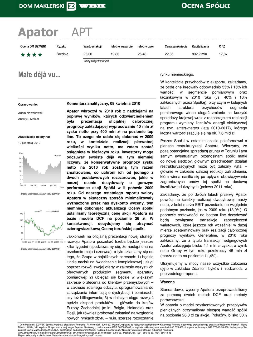 APT Indeks WIG Data 20 kwi 07 paź 07 kwi 08 paź 08 kwi 09 paź 09 kwi 10 Źródło: Bloomberg, szacunki DM BZ WBK Komentarz analityczny, 09 kwietnia 2010 Apator wkroczył w 2010 rok z nadziejami na