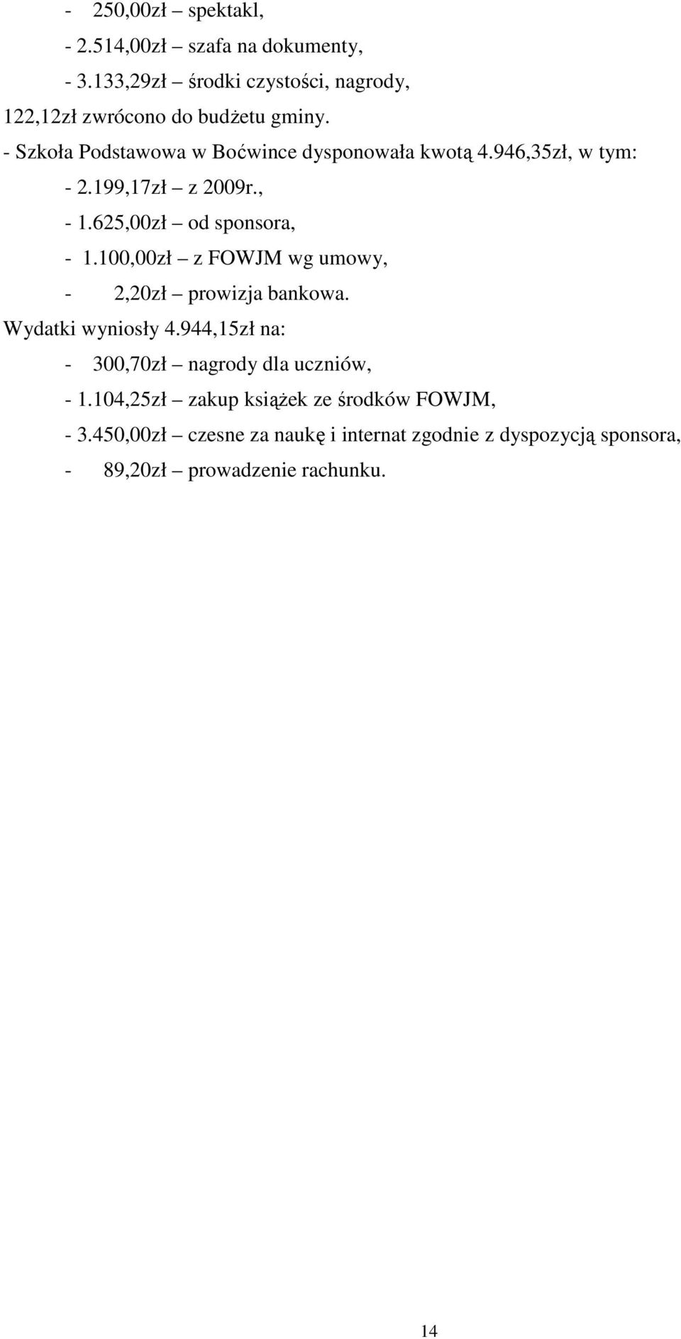 100,00zł z FOWJM wg umowy, - 2,20zł prowizja bankowa. Wydatki wyniosły 4.944,15zł na: - 300,70zł nagrody dla uczniów, - 1.